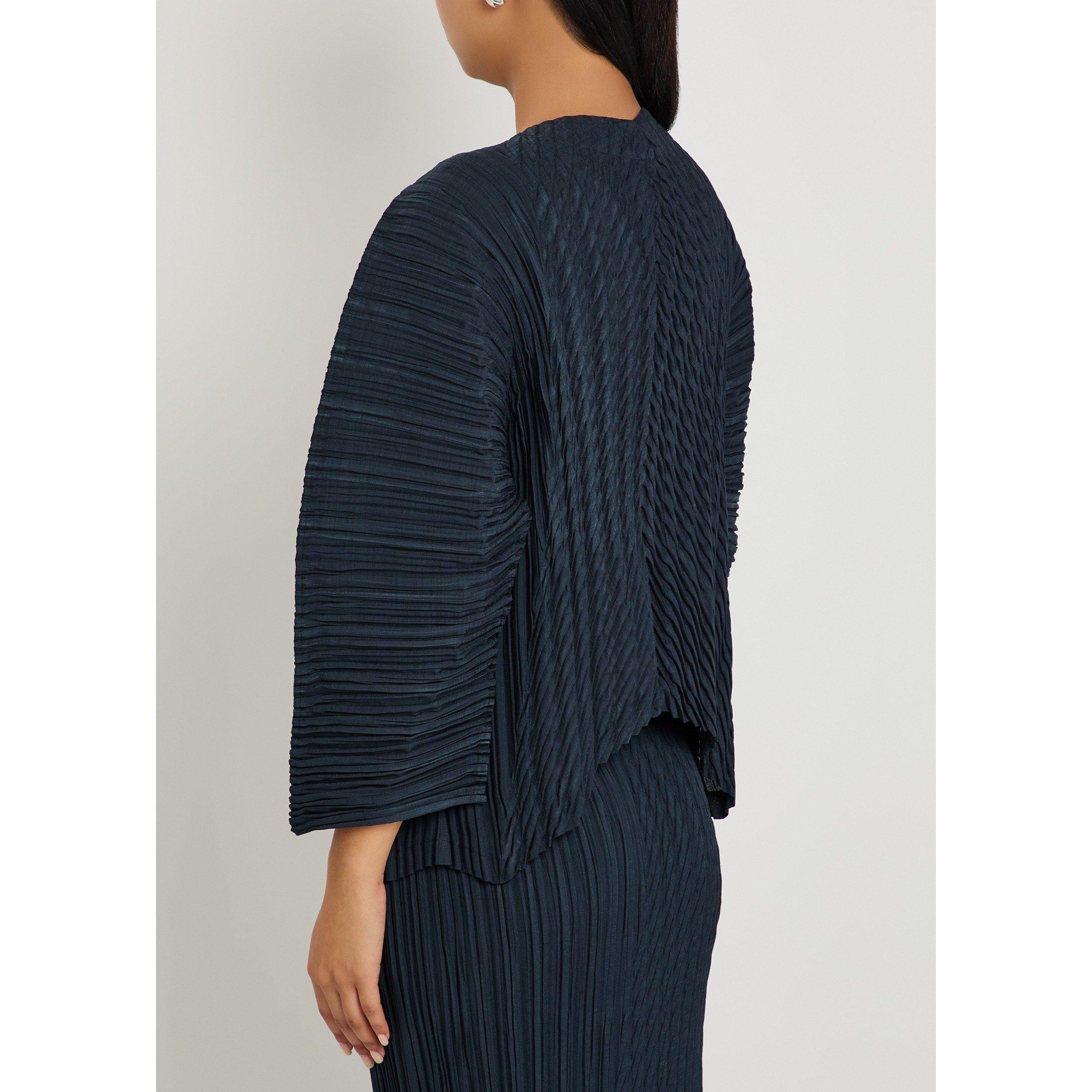 NAVY - Issey Miyake - Women's Unfurling Pleats V-Neck 3/4 Sleeve Cardigan - 3