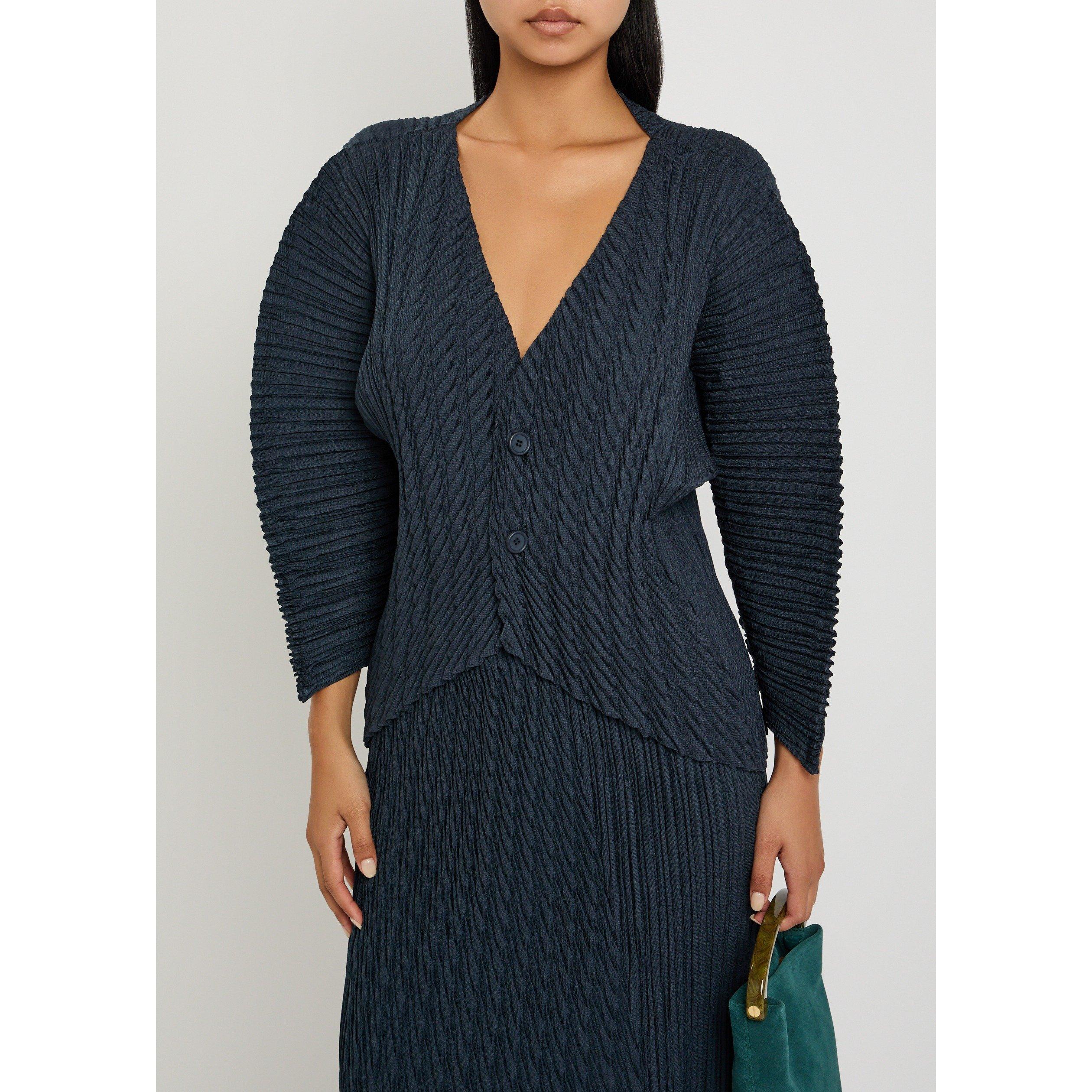 NAVY - Issey Miyake - Women's Unfurling Pleats V-Neck 3/4 Sleeve Cardigan - 4