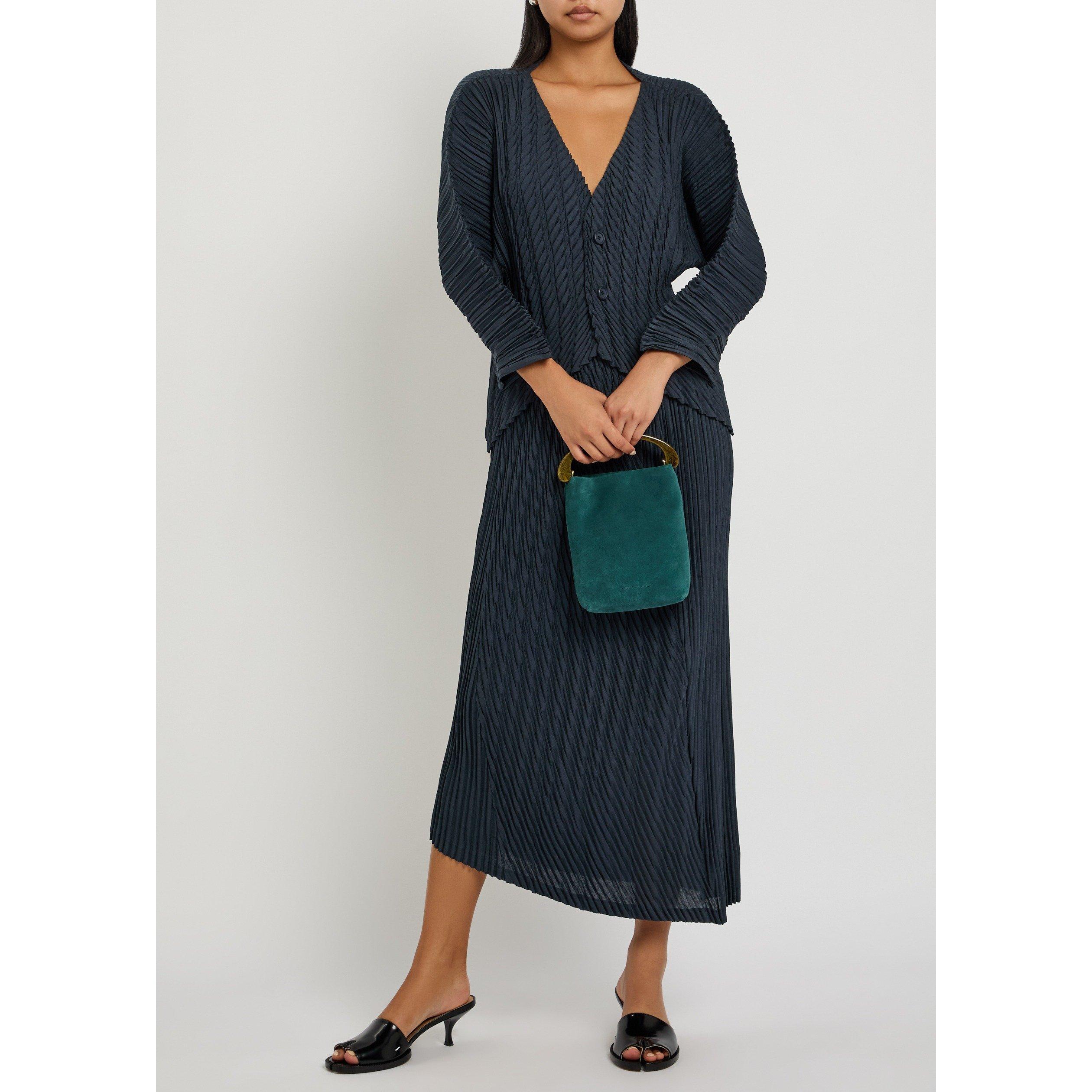 NAVY - Issey Miyake - Women's Unfurling Pleats V-Neck 3/4 Sleeve Cardigan - 5