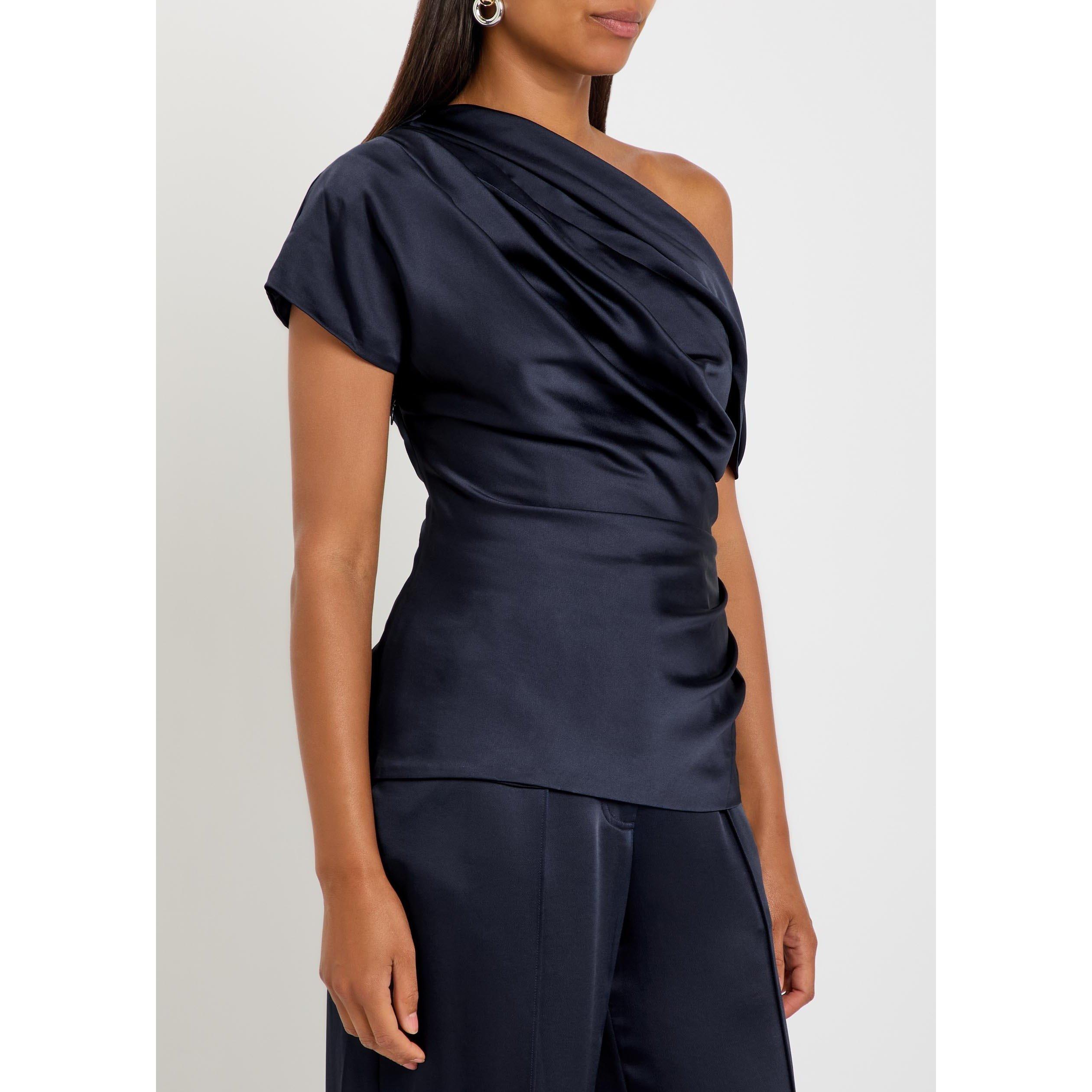 NAVY - Jonathan Simkhai - Women's Phoebe Satin Draped Slim-Fit Off-Shoulder Top - 2
