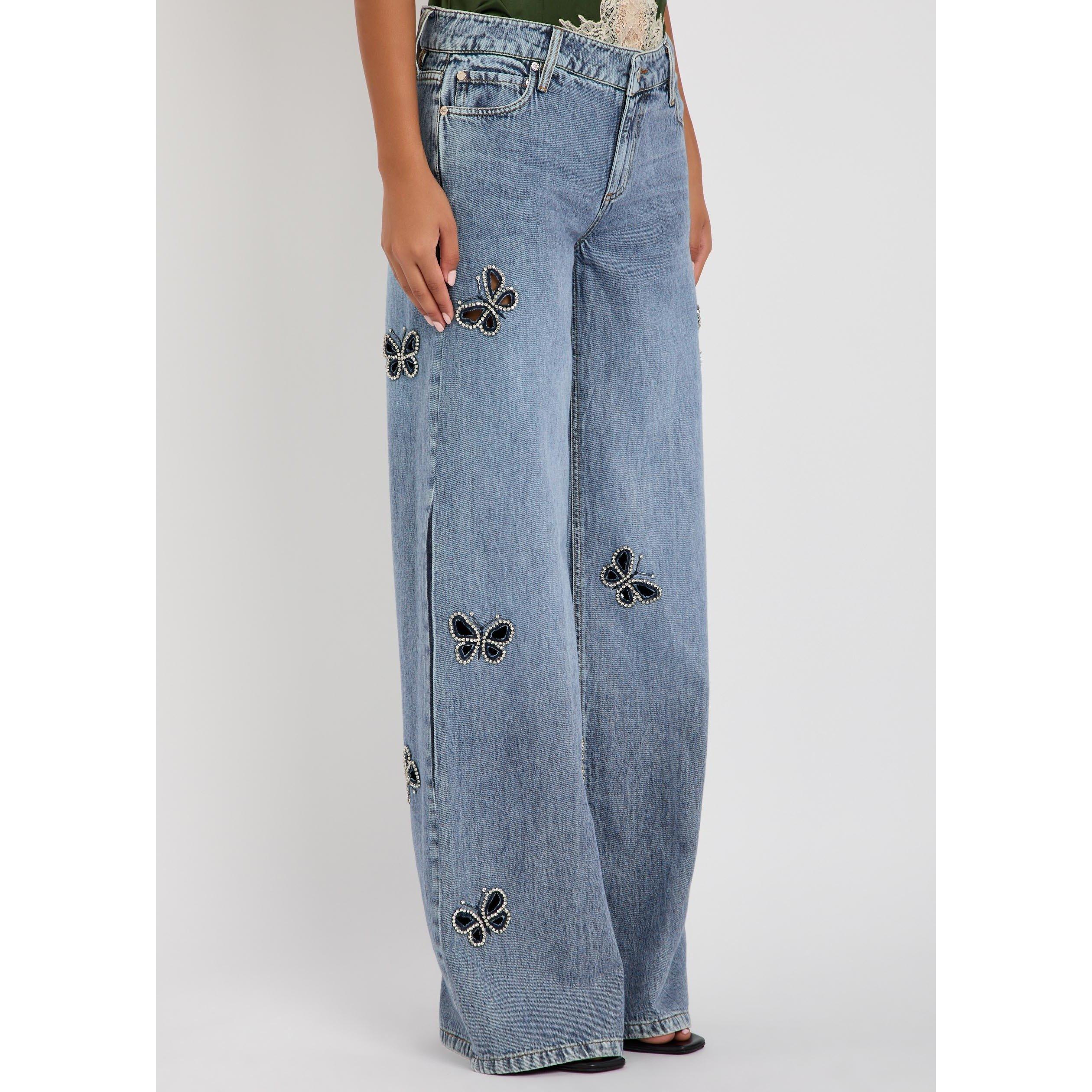 BLUE - Alice And Olivia - Women's Amazing Embellished Low-Rise Wide-Leg Cotton Jeans - 2