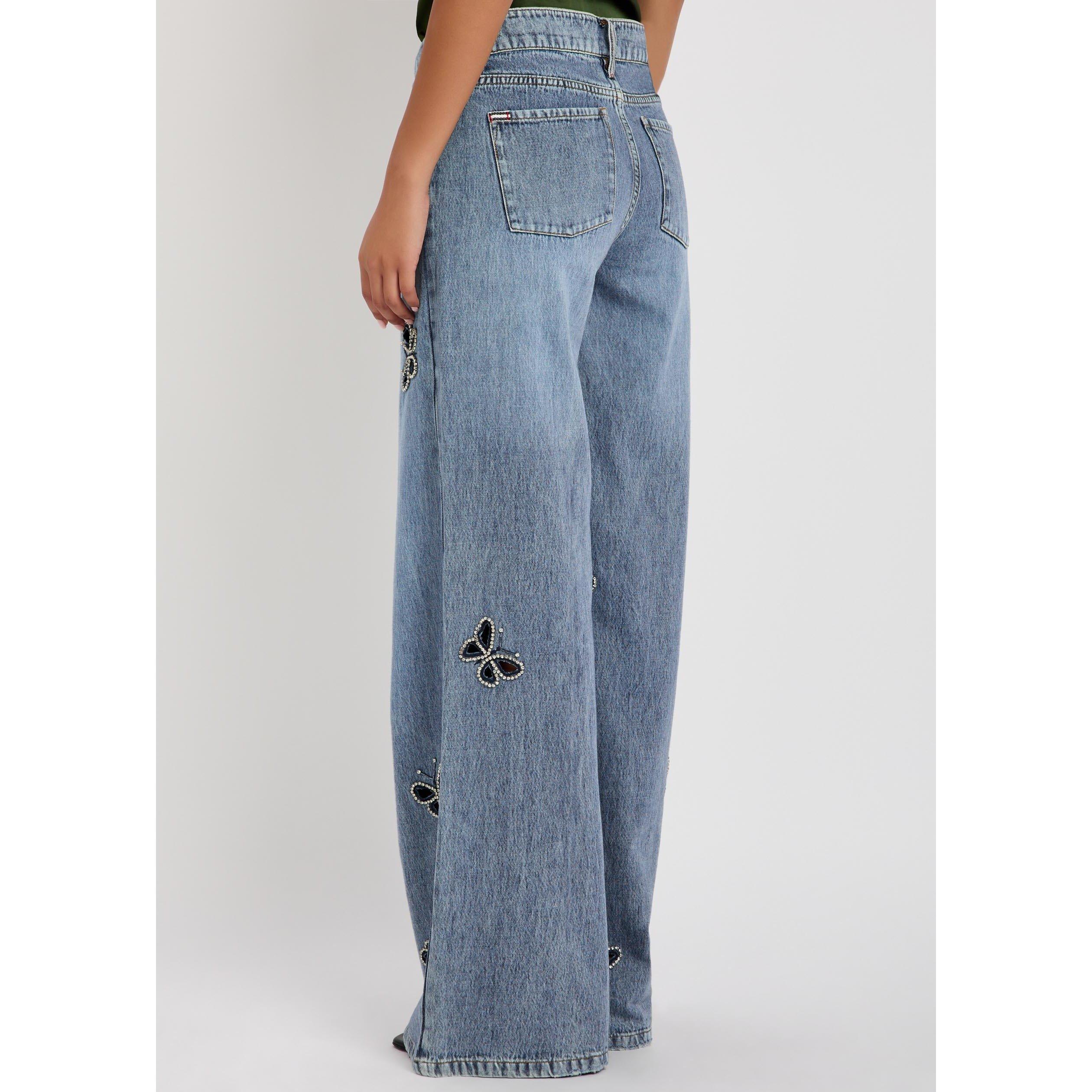 BLUE - Alice And Olivia - Women's Amazing Embellished Low-Rise Wide-Leg Cotton Jeans - 3
