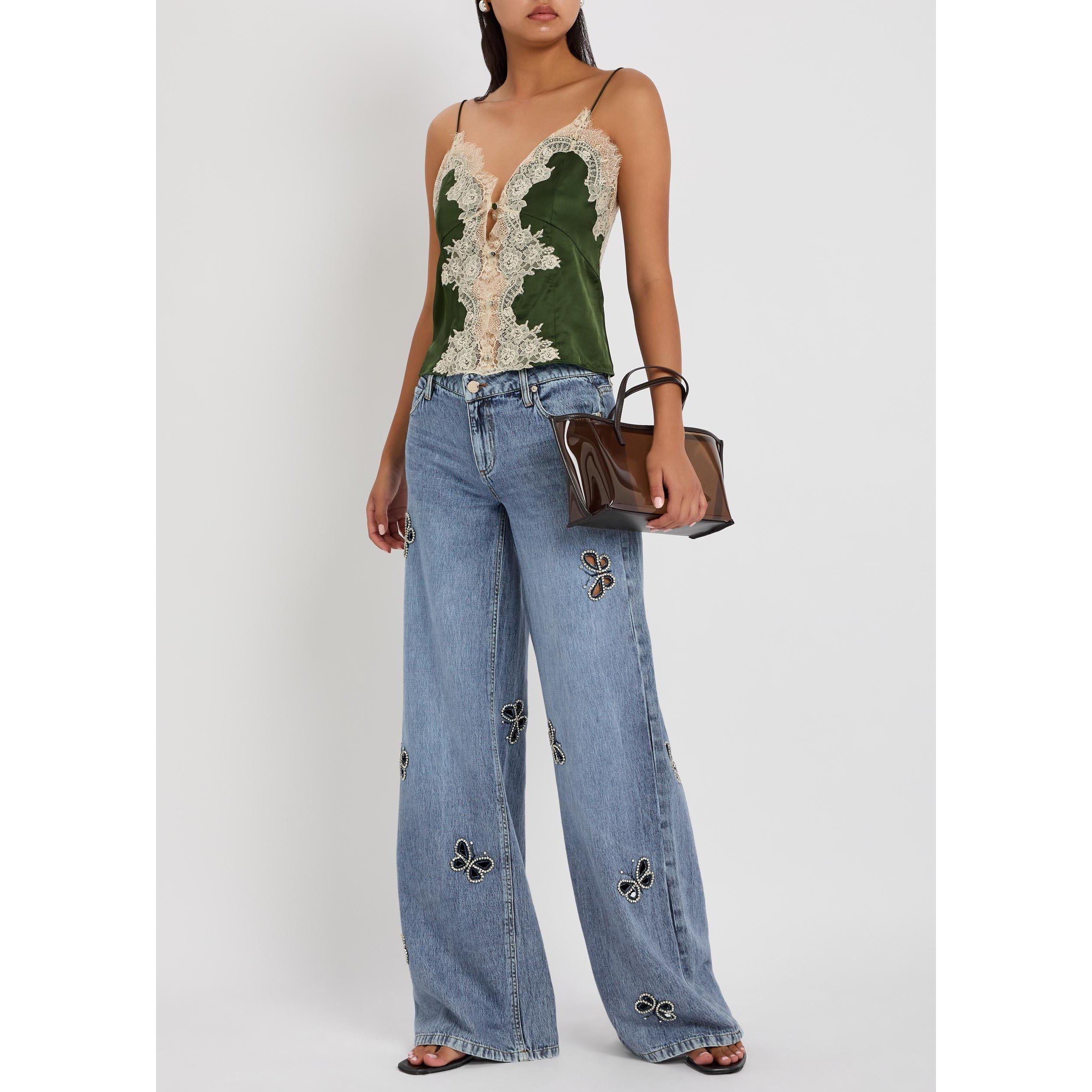 BLUE - Alice And Olivia - Women's Amazing Embellished Low-Rise Wide-Leg Cotton Jeans - 5