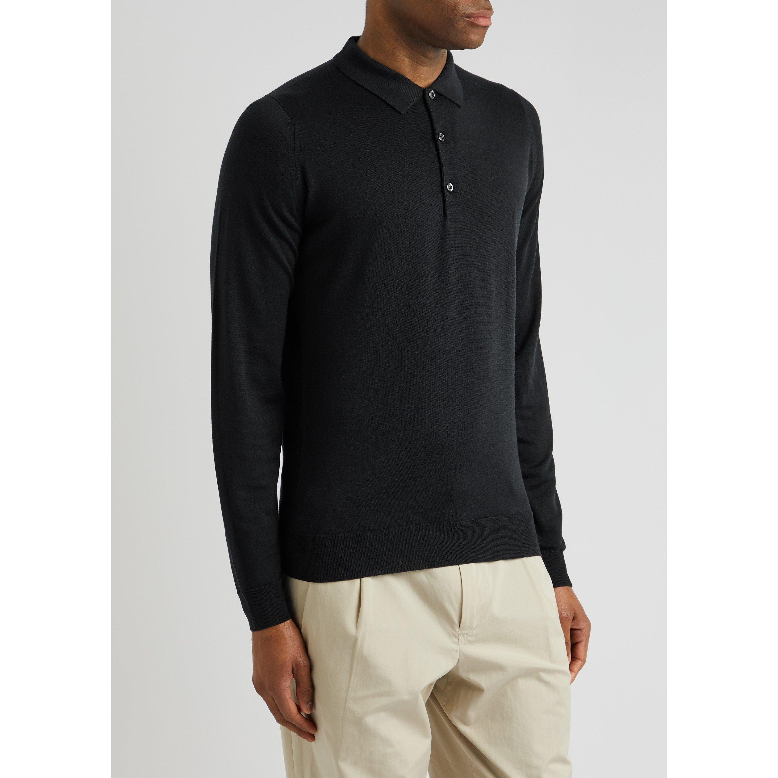 BLACK - John Smedley - Men's Merino Wool Long-Sleeve Slim-Fit Polo Shirt - 2