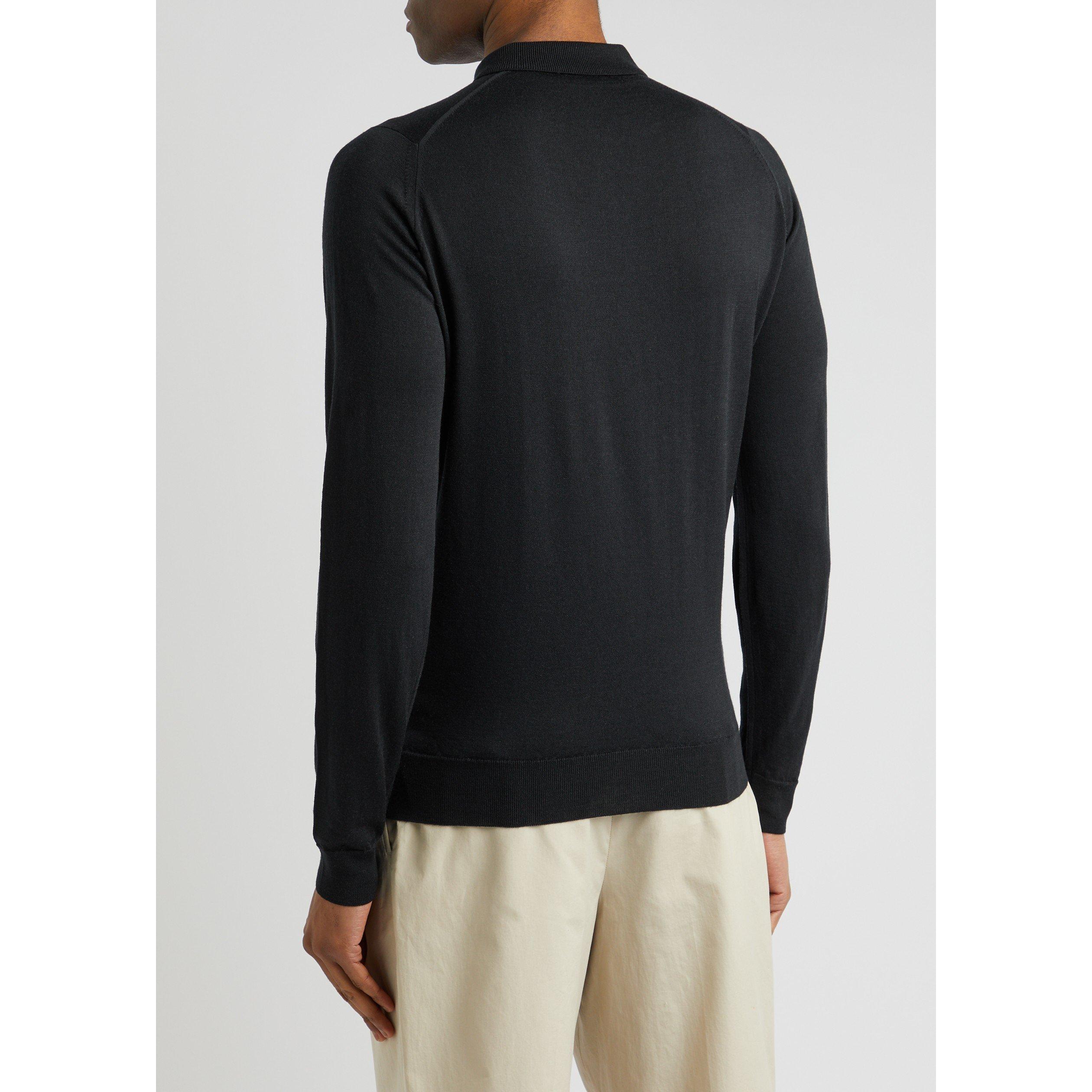 BLACK - John Smedley - Men's Merino Wool Long-Sleeve Slim-Fit Polo Shirt - 3