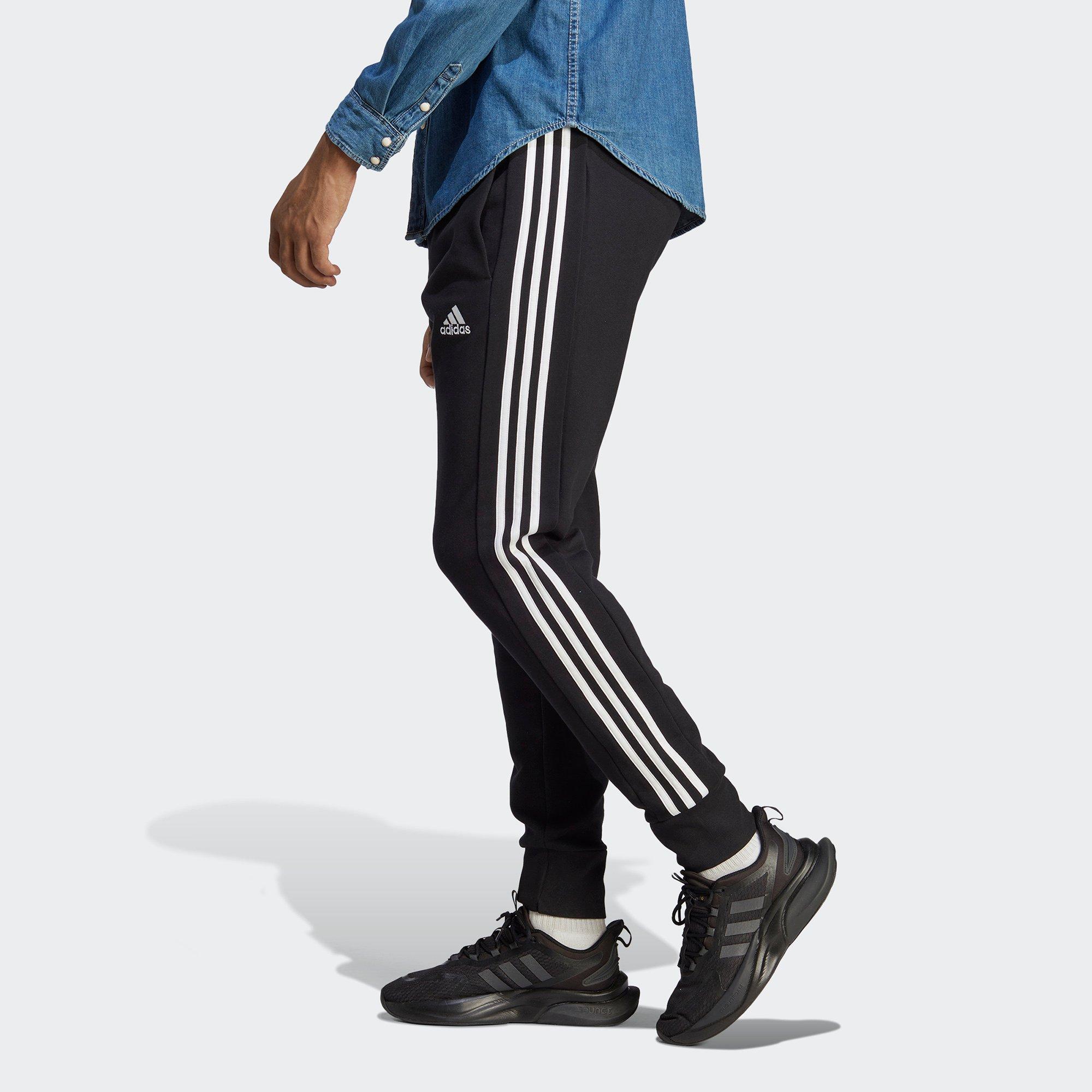 Black/White - adidas - Essentials 3 Stripes Mens French Terry Tapered Joggers - 5
