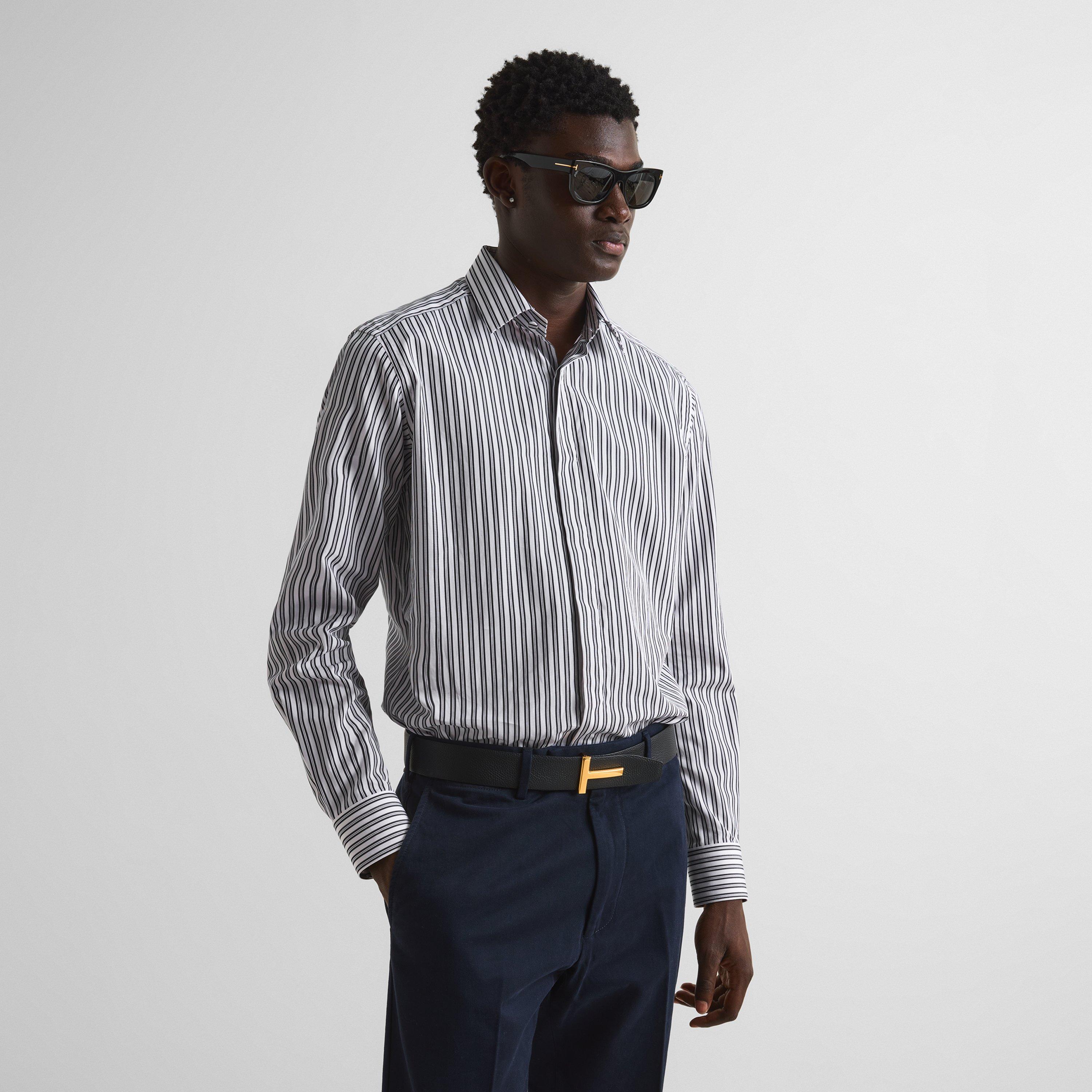 White/Black - Tom Ford - Men's Striped Cotton Long-Sleeve Shirt - 3