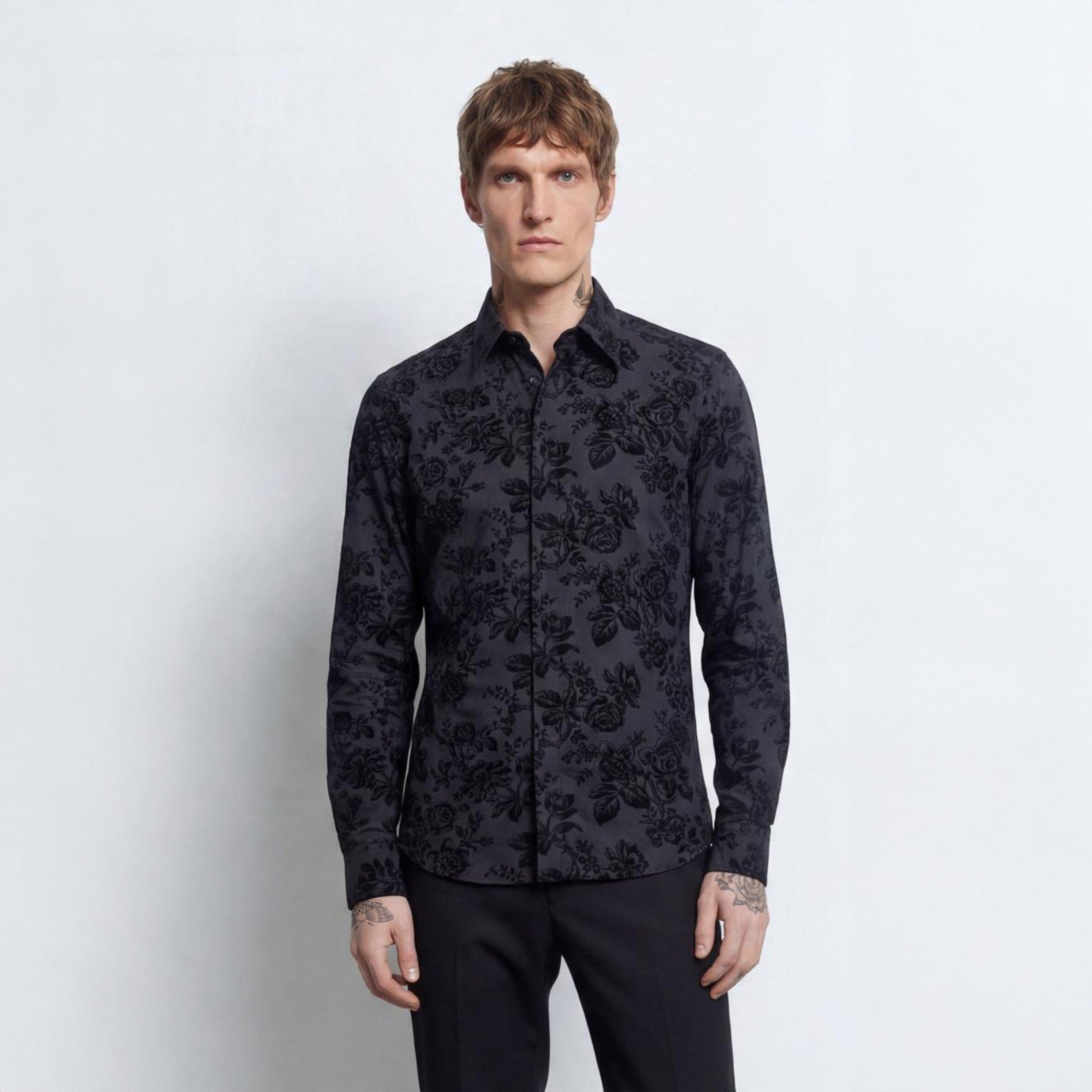 Black - Twisted Tailor - Armada Slim Fit Black Floral Flocked Shirt - 3