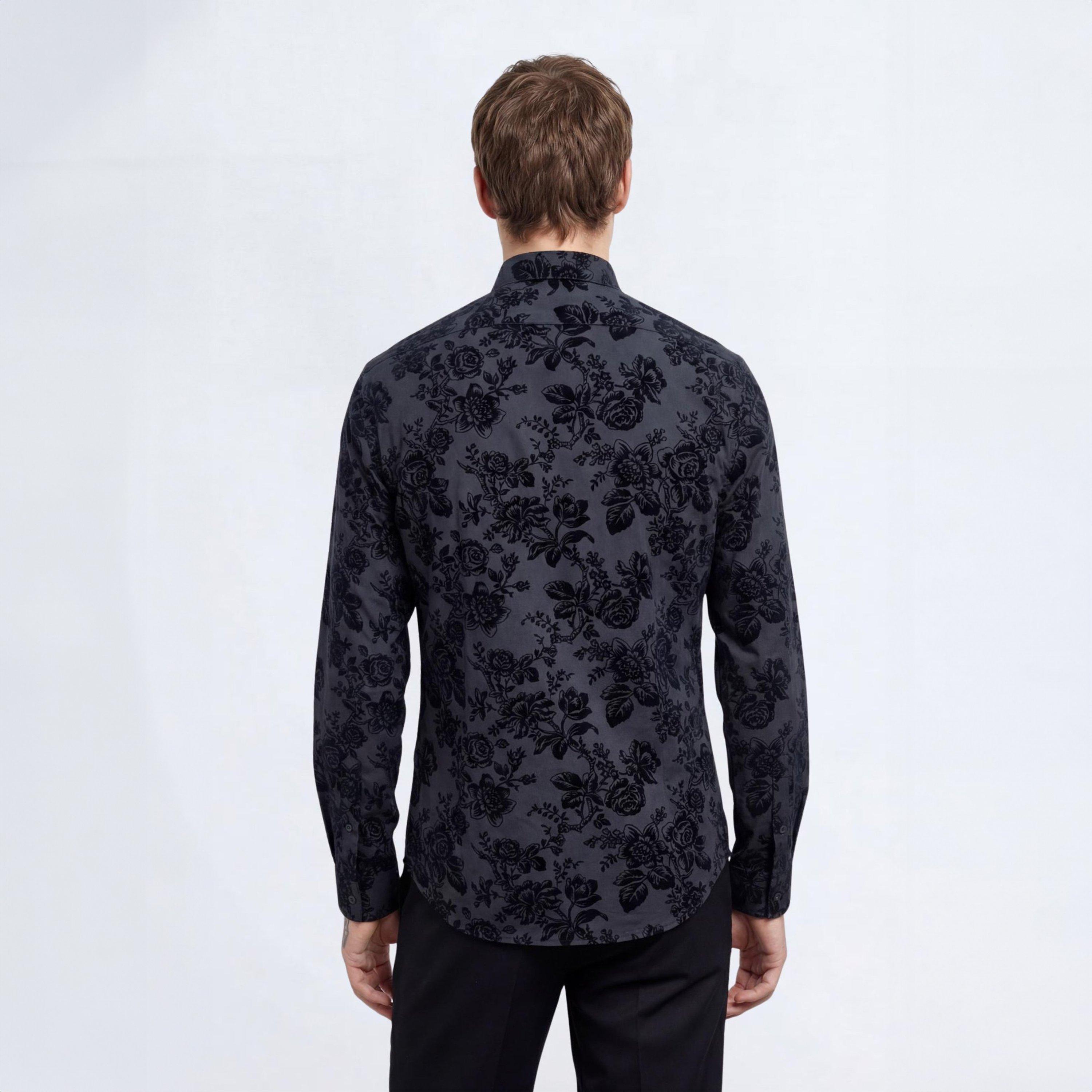 Black - Twisted Tailor - Armada Slim Fit Black Floral Flocked Shirt - 4