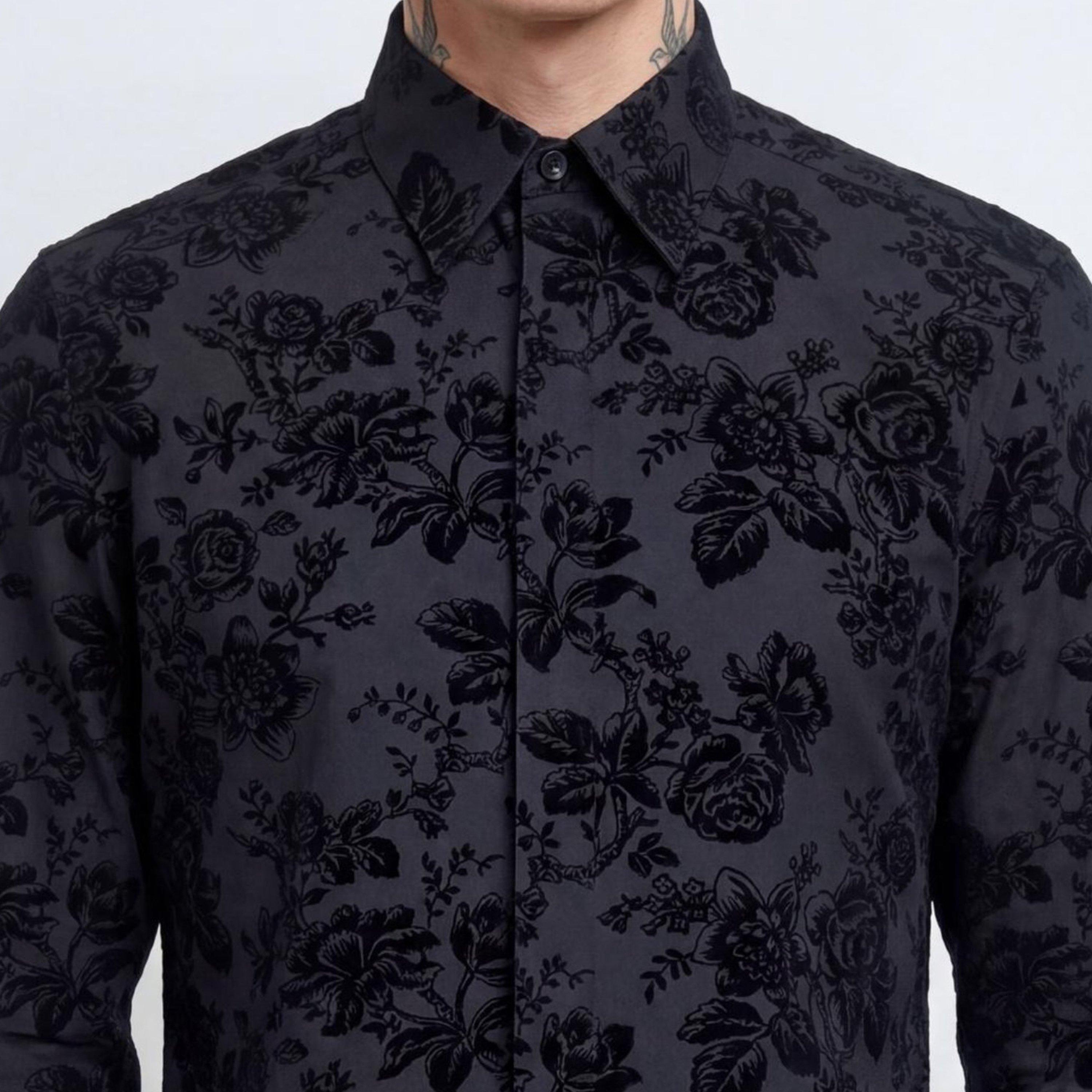 Black - Twisted Tailor - Armada Slim Fit Black Floral Flocked Shirt - 5