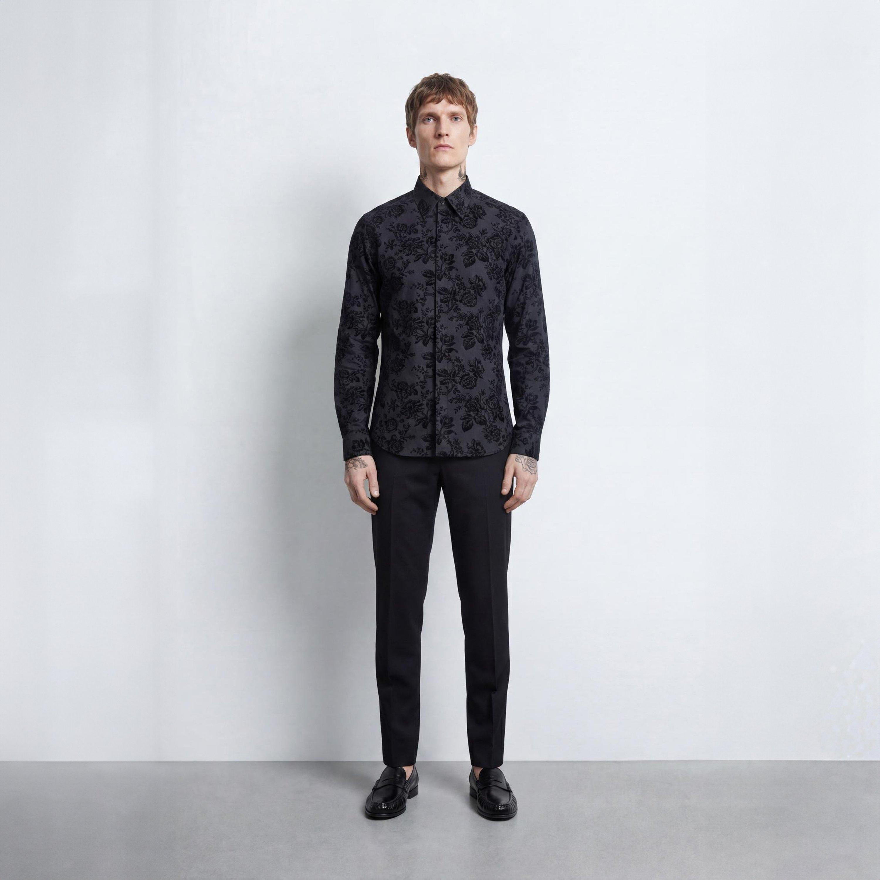 Black - Twisted Tailor - Armada Slim Fit Black Floral Flocked Shirt - 6