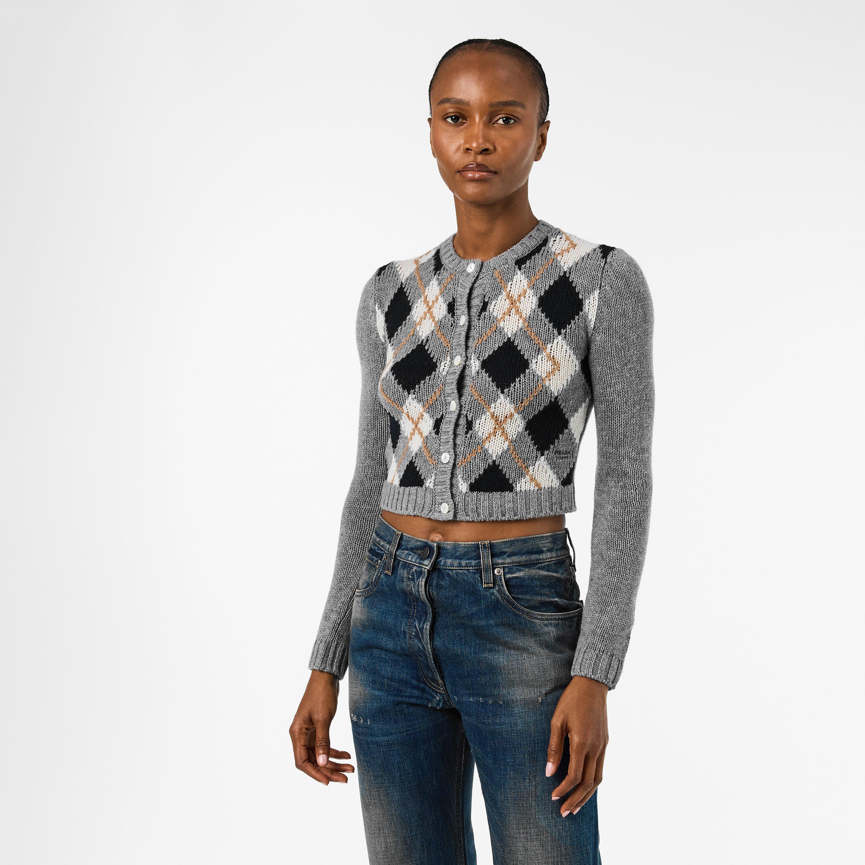 Grigio - Prada - Women's Argyle Cardigan - 3