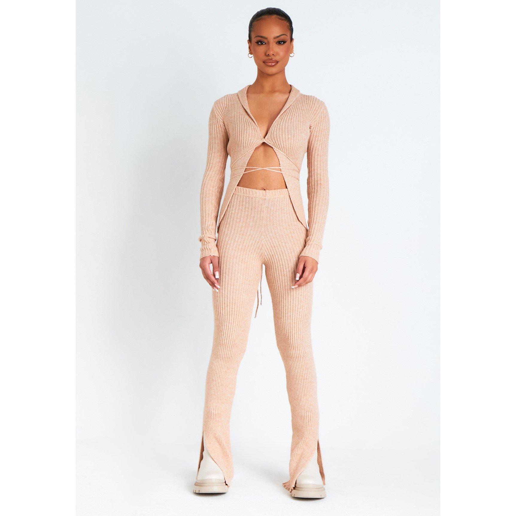 Beige - Missy Empire - Knitted Tie Cardigan