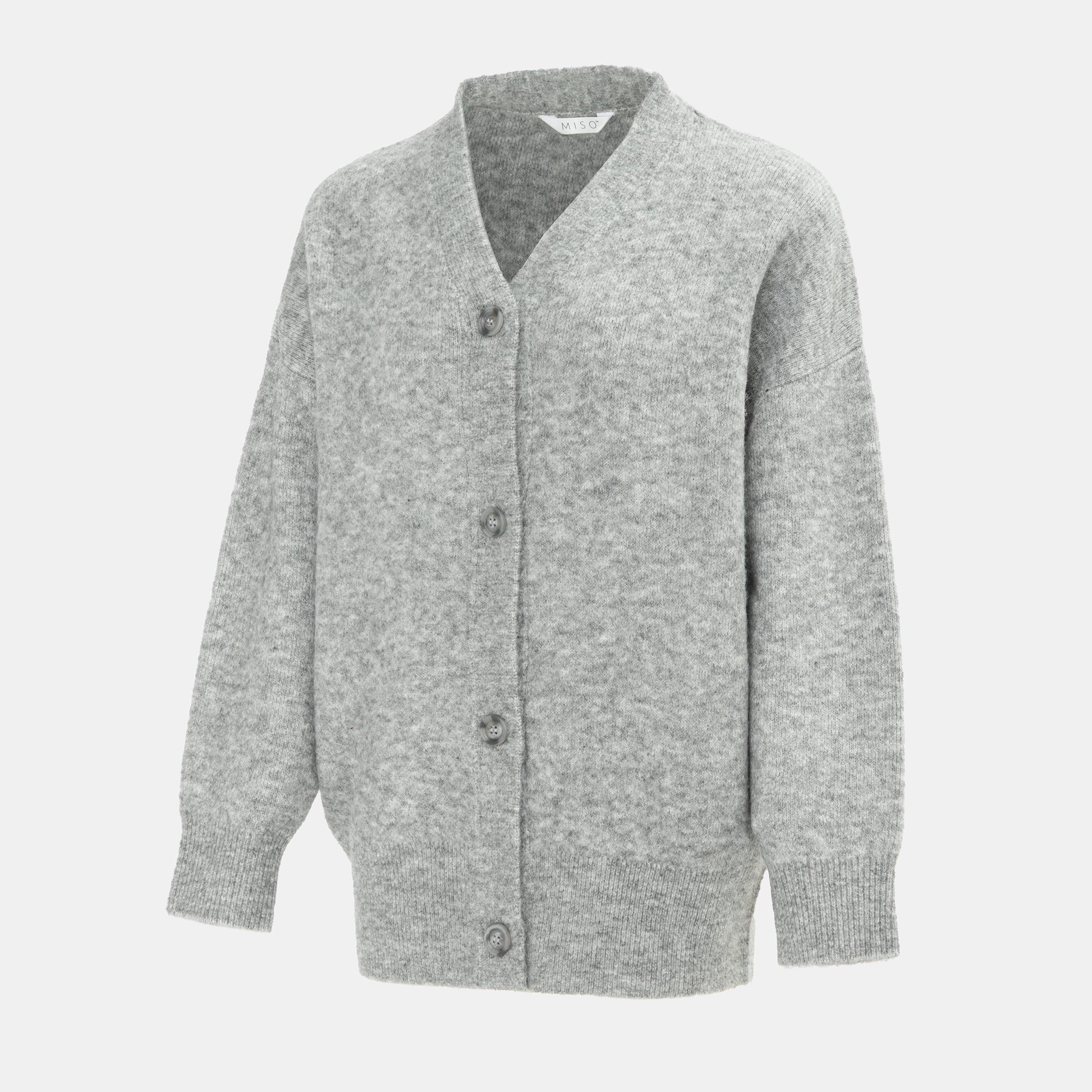 Grey - Miso - Knit V neck Button Cardigan Women - 3