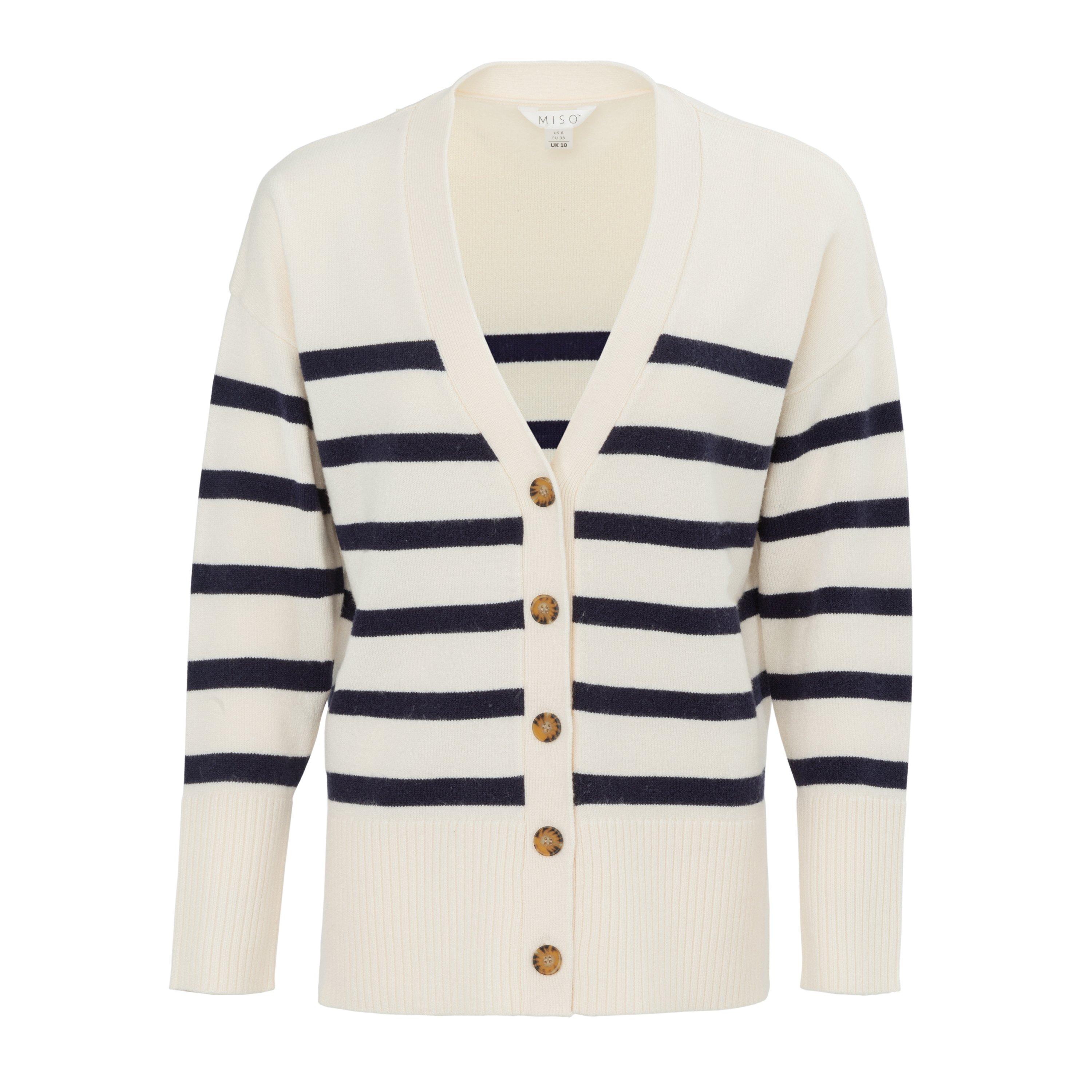Black/White - Miso - V-Neck Cuff Stripe Cardigan - 1