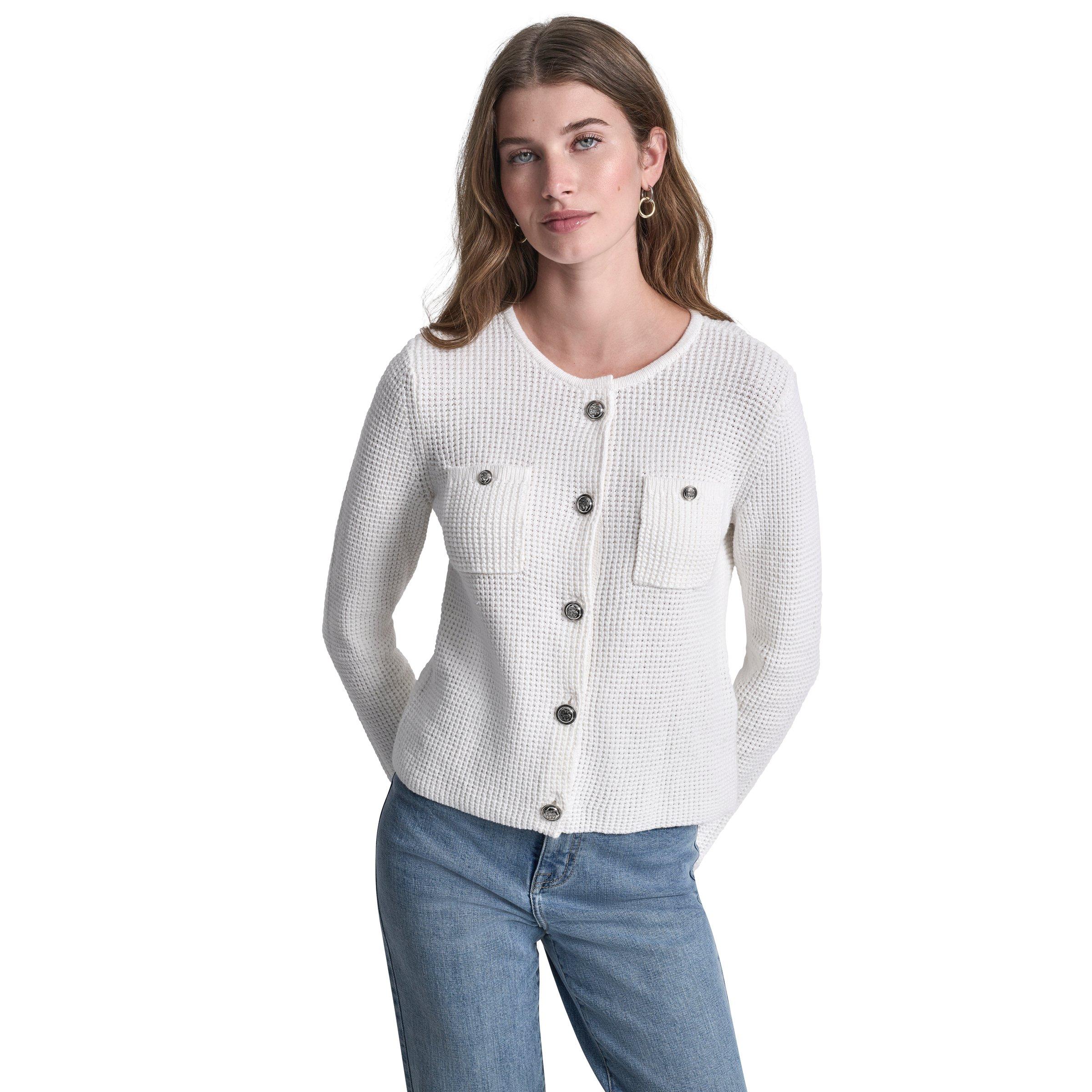 Marfil - DKNY - DKNY Jeans Tuck Stitch Crew Neck Cardigan W/ Regal Buttons - 1