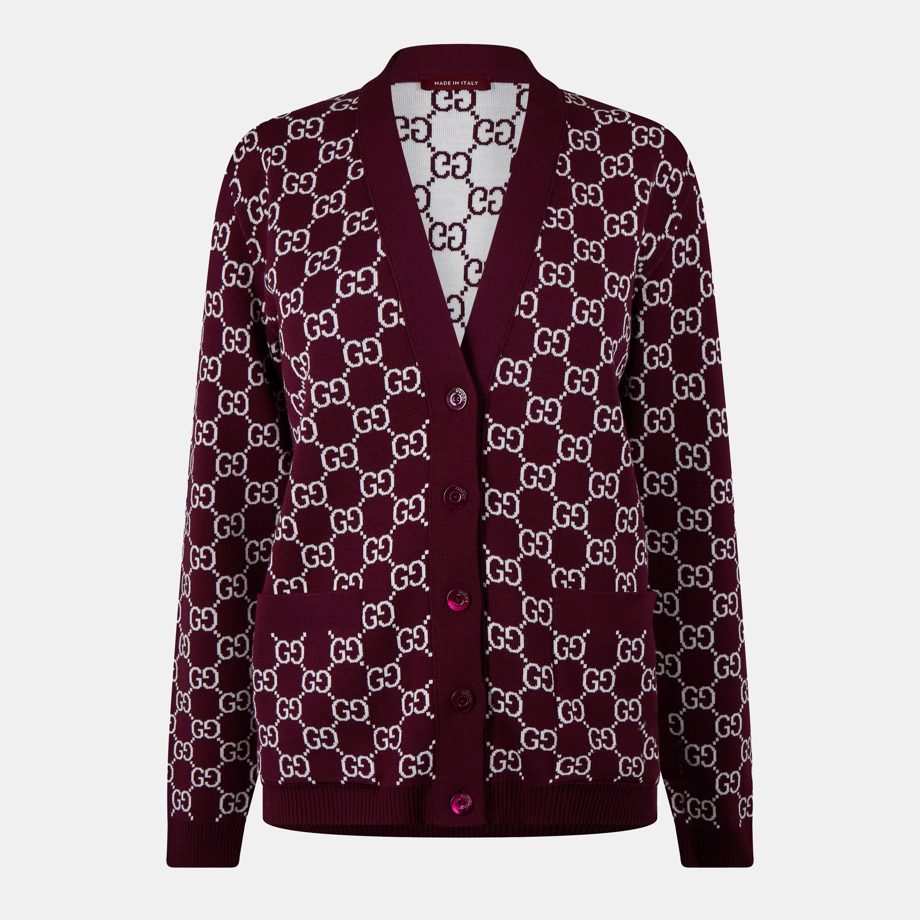 Bordeaux/White - Gucci - Women's Logo Reversible GG Wool Jacquard Cardigan - 1