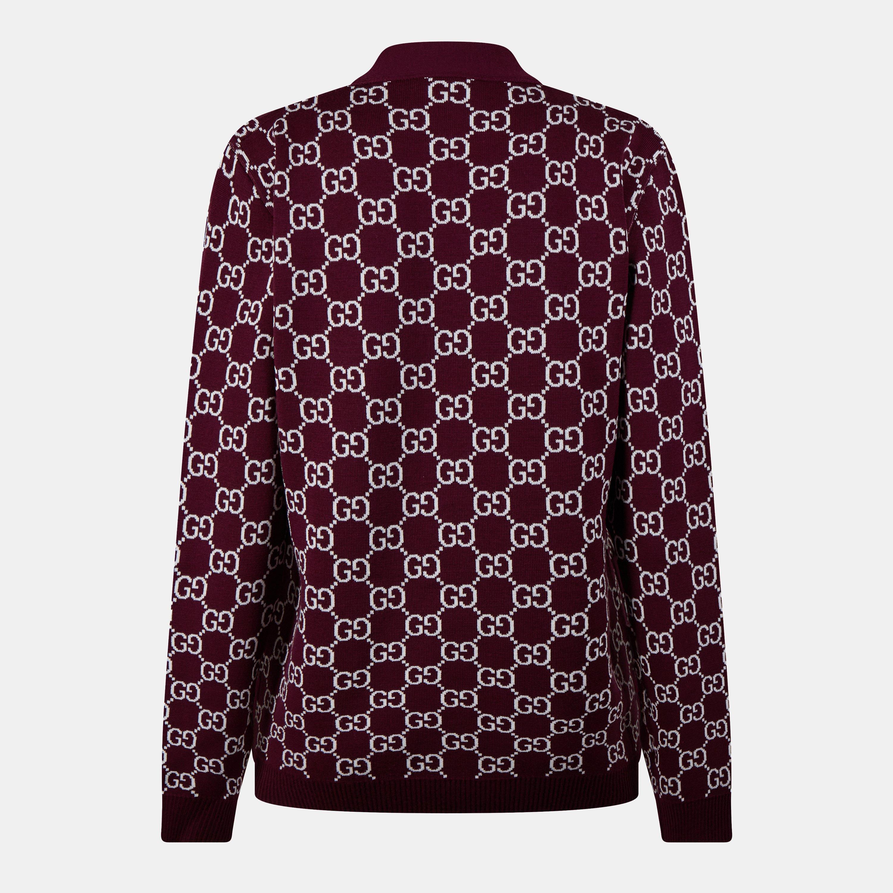 Bordeaux/White - Gucci - Women's Logo Reversible GG Wool Jacquard Cardigan - 2
