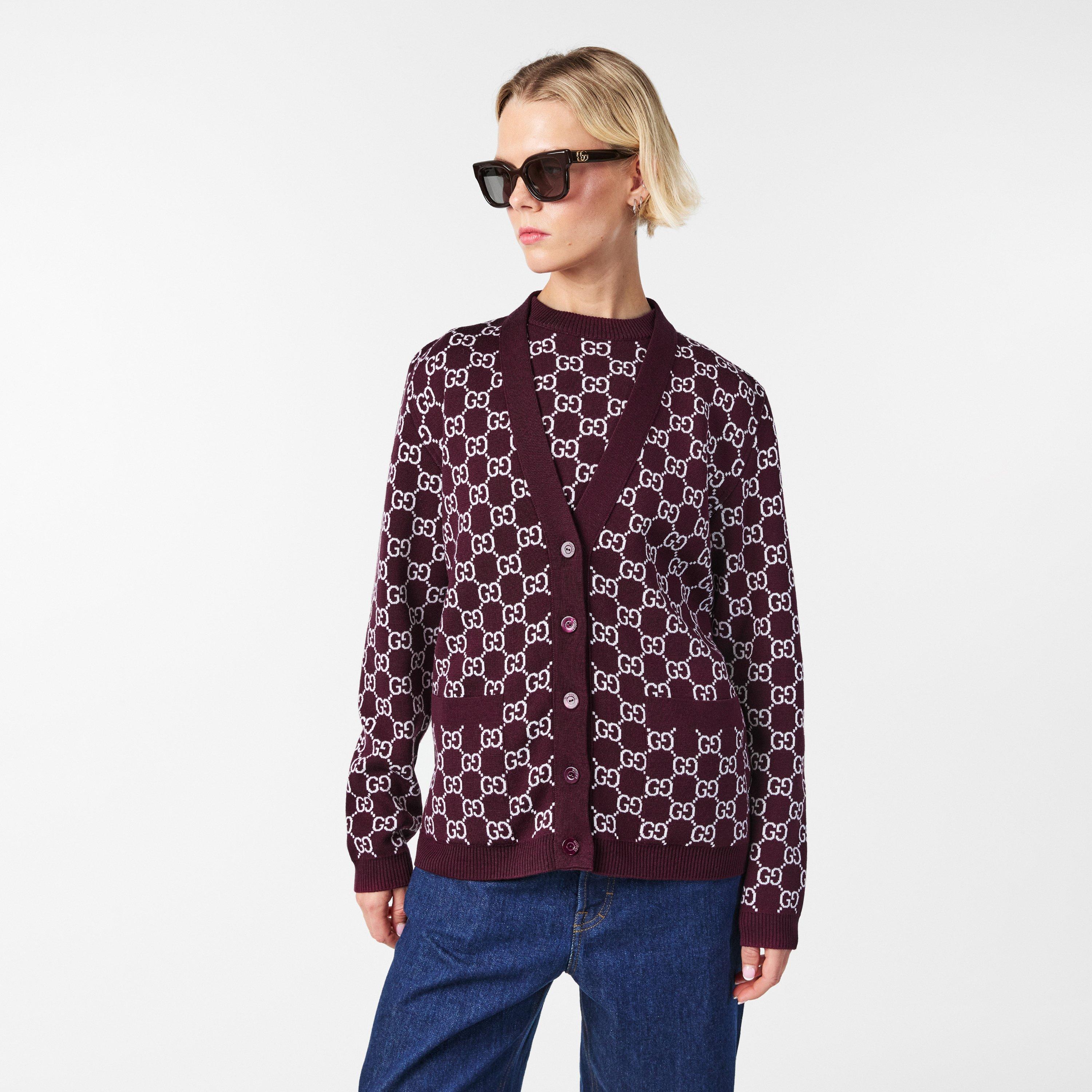 Bordeaux/White - Gucci - Women's Logo Reversible GG Wool Jacquard Cardigan - 3