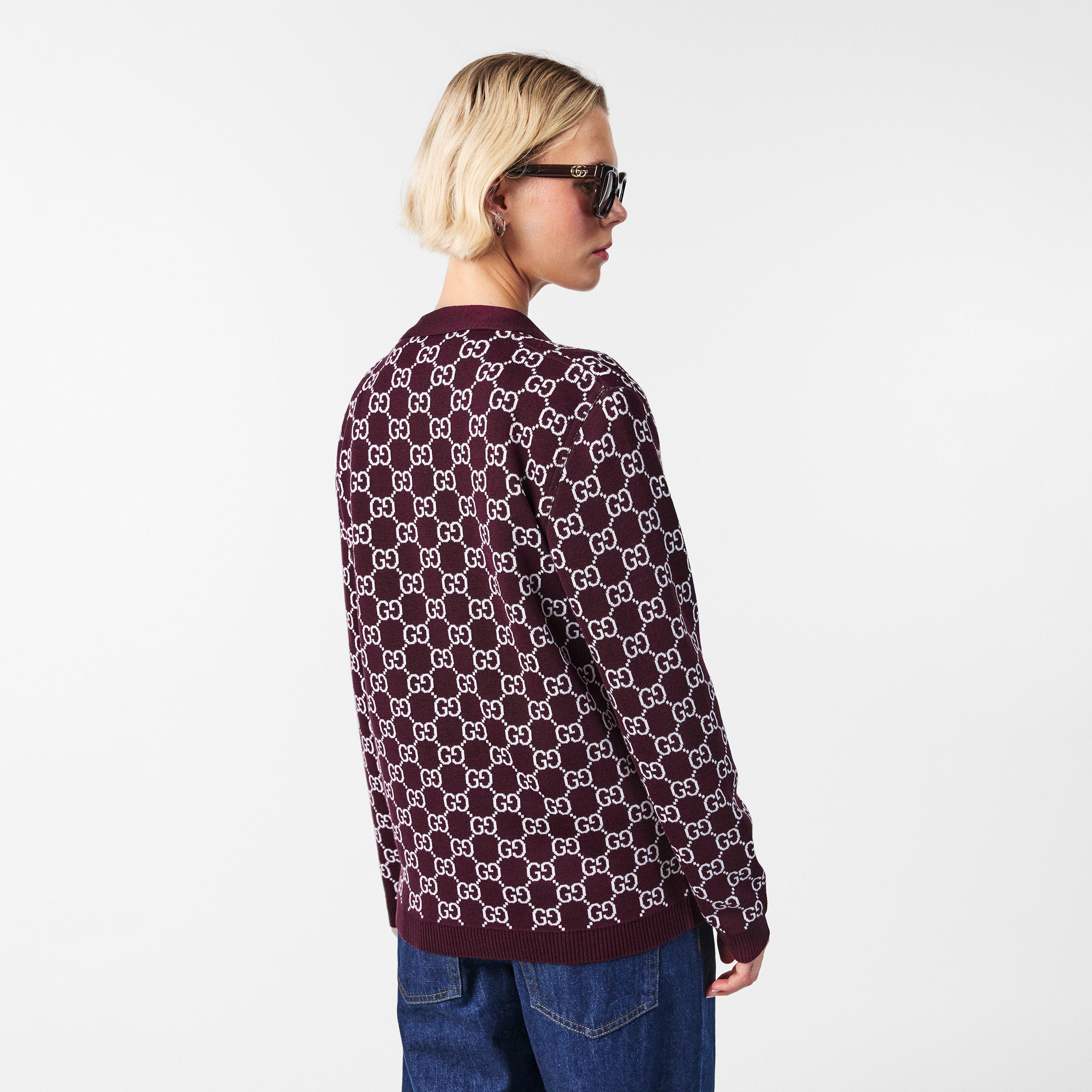 Bordeaux/White - Gucci - Women's Logo Reversible GG Wool Jacquard Cardigan - 4