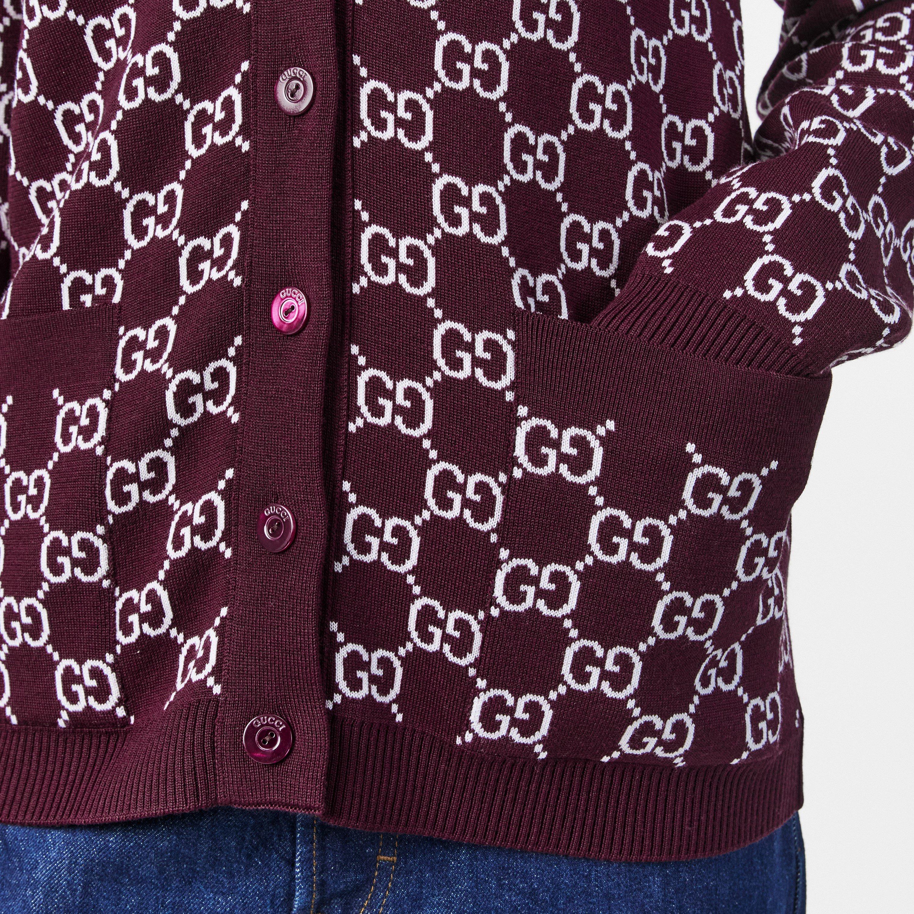 Bordeaux/White - Gucci - Women's Logo Reversible GG Wool Jacquard Cardigan - 5