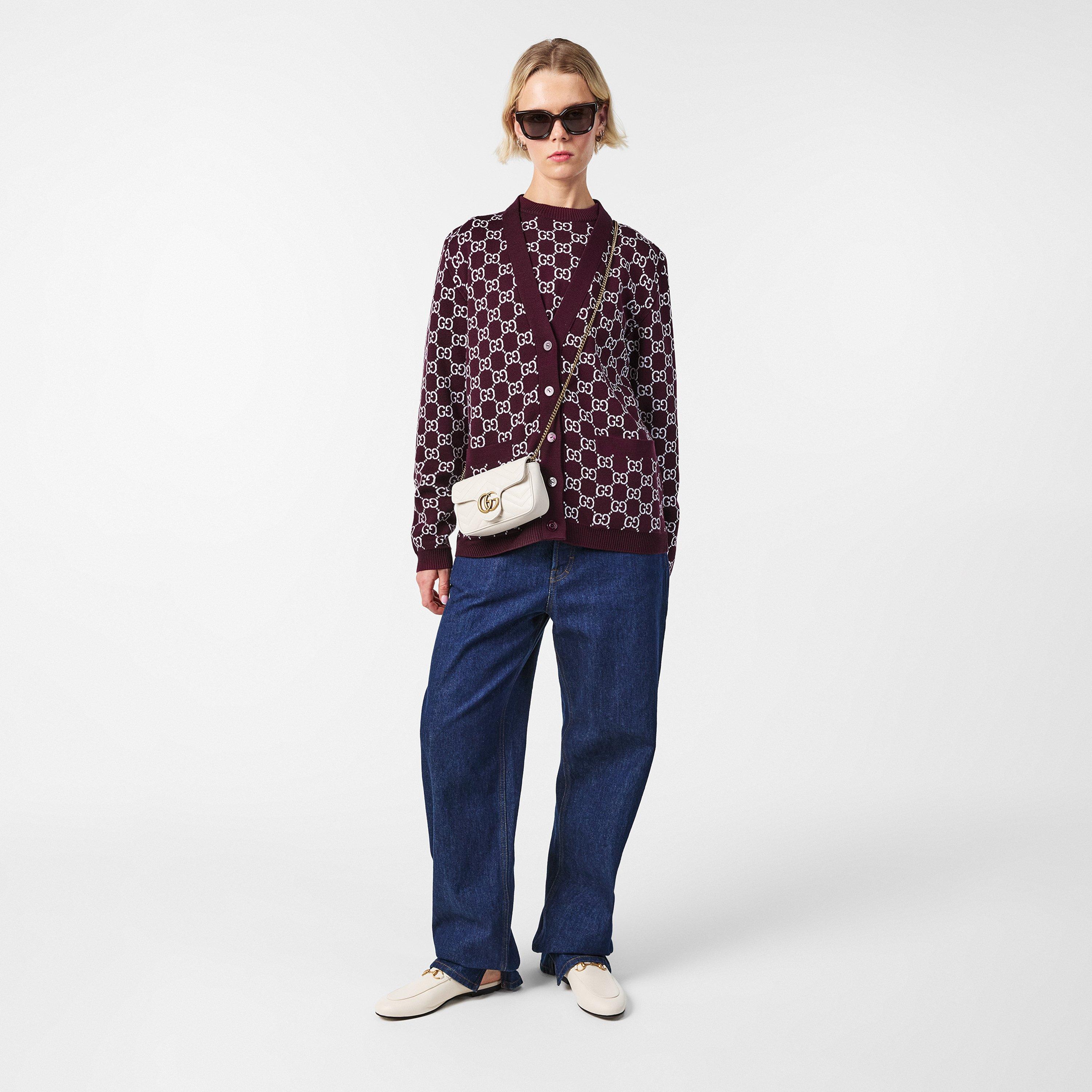 Bordeaux/White - Gucci - Women's Logo Reversible GG Wool Jacquard Cardigan - 6