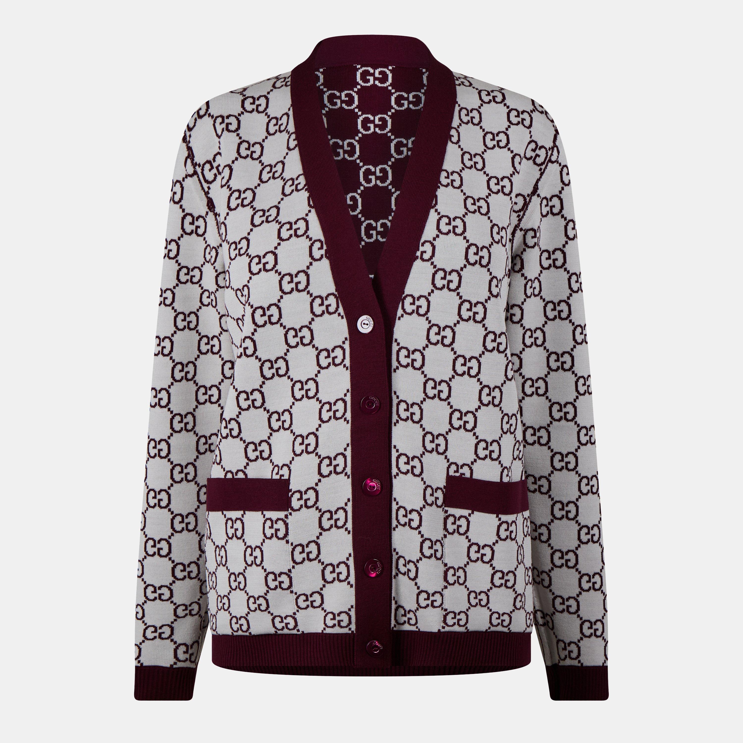 Bordeaux/White - Gucci - Women's Logo Reversible GG Wool Jacquard Cardigan - 7