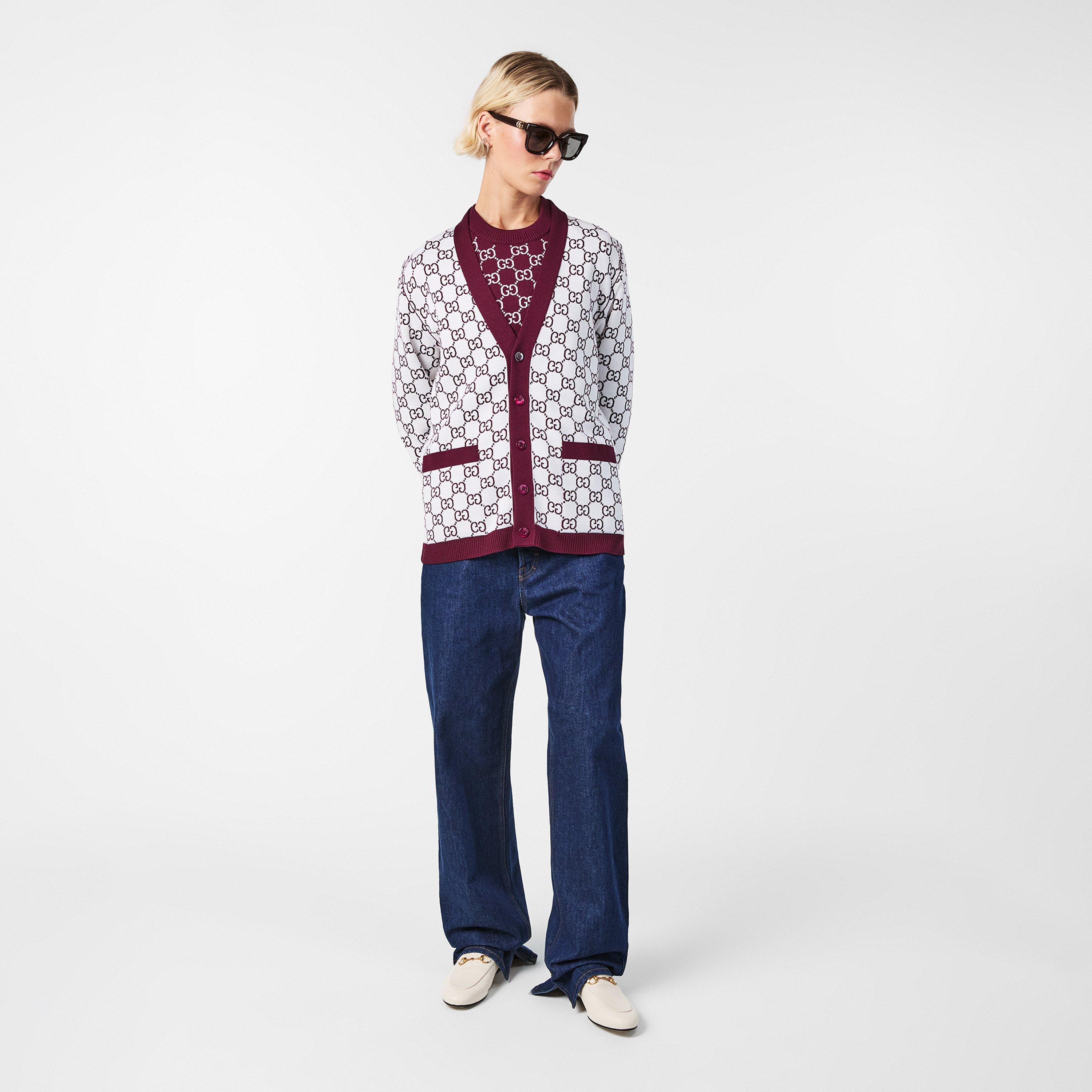 Bordeaux/White - Gucci - Women's Logo Reversible GG Wool Jacquard Cardigan - 8
