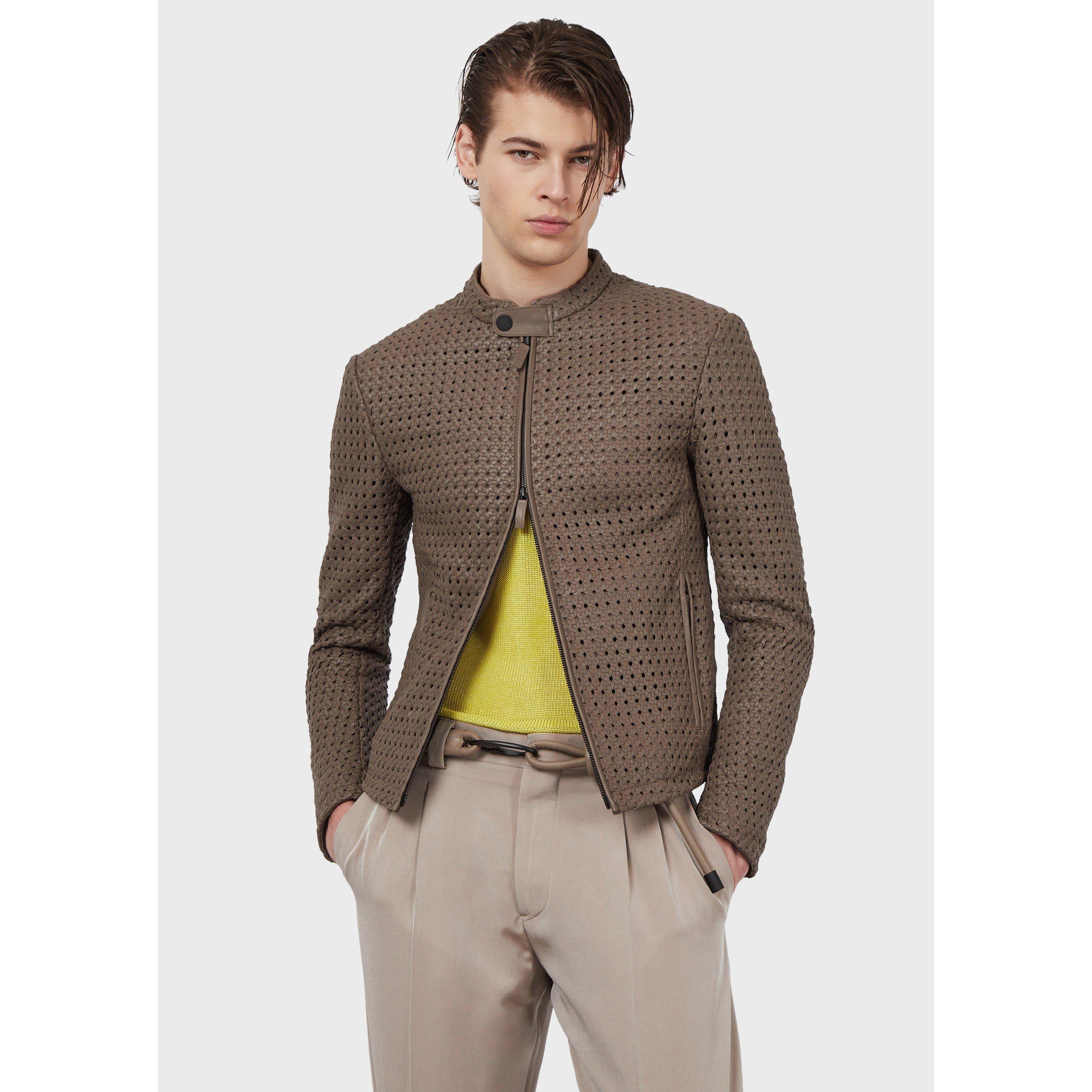 Beige - Emporio Armani - Men's Textured Biker Tailored Fit Leather Jacket - 2