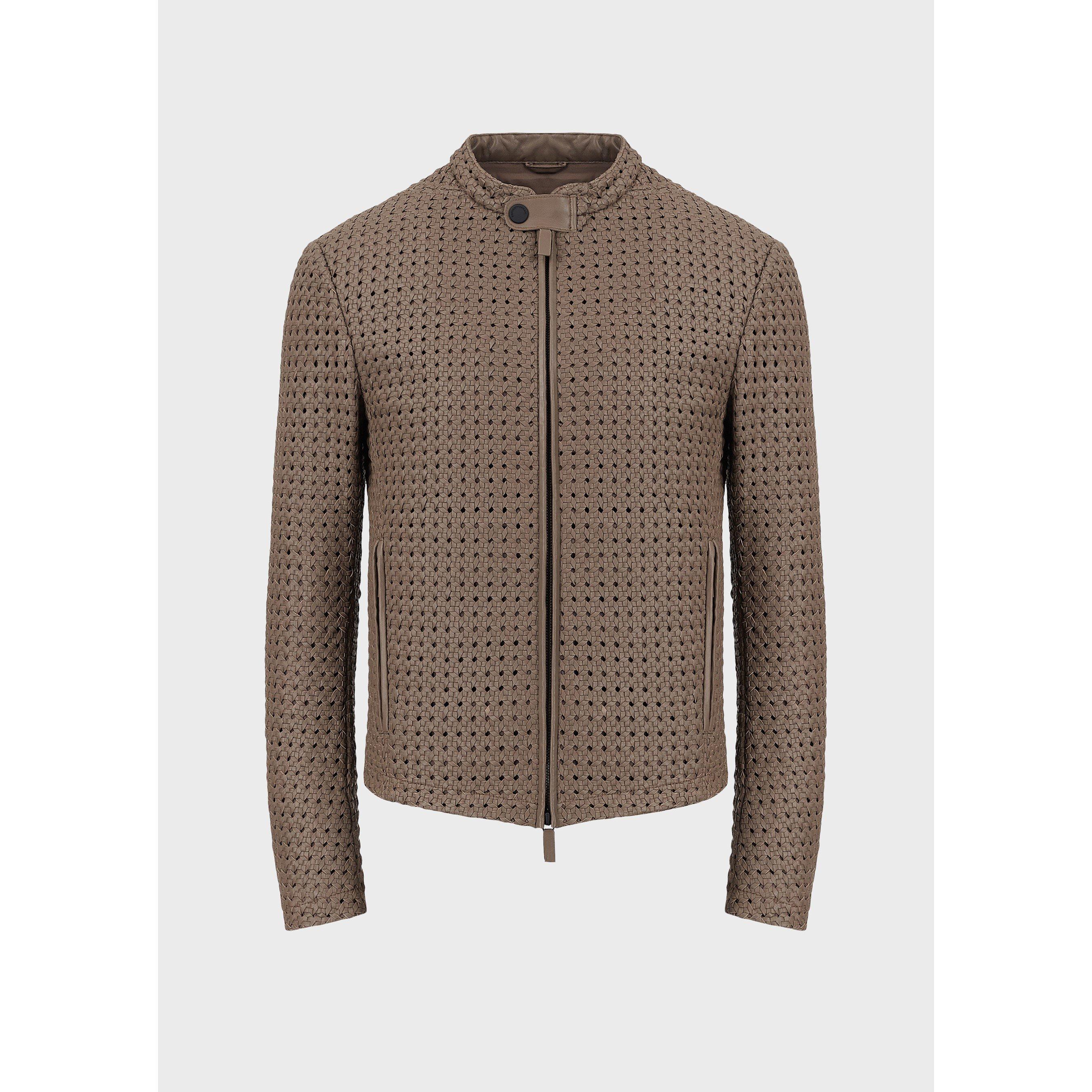 Beige - Emporio Armani - Men's Textured Biker Tailored Fit Leather Jacket - 5