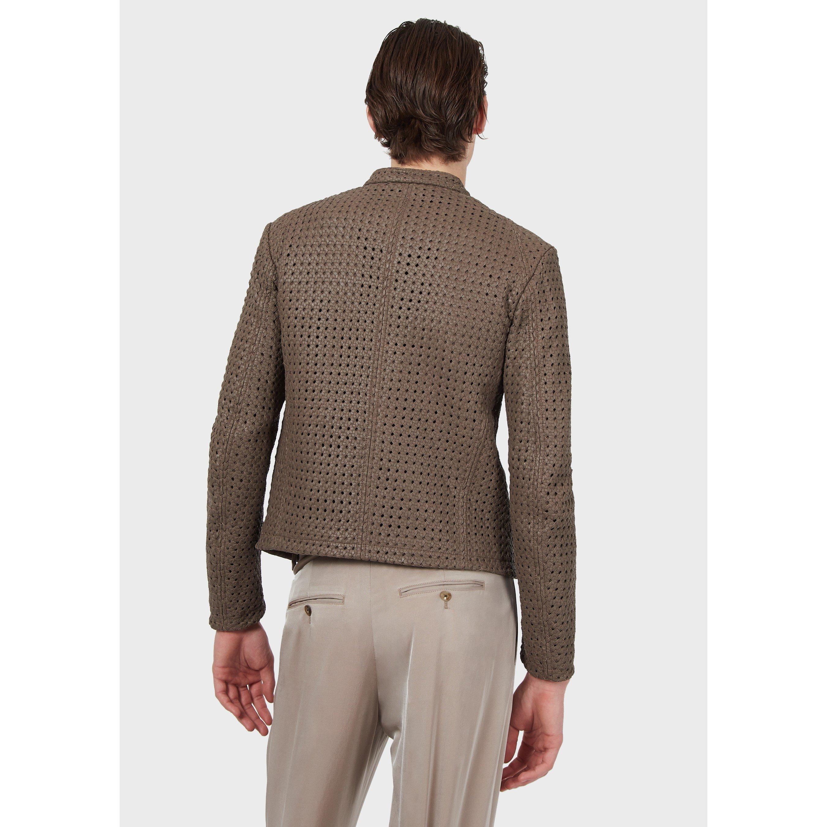 Beige - Emporio Armani - Men's Textured Biker Tailored Fit Leather Jacket - 3