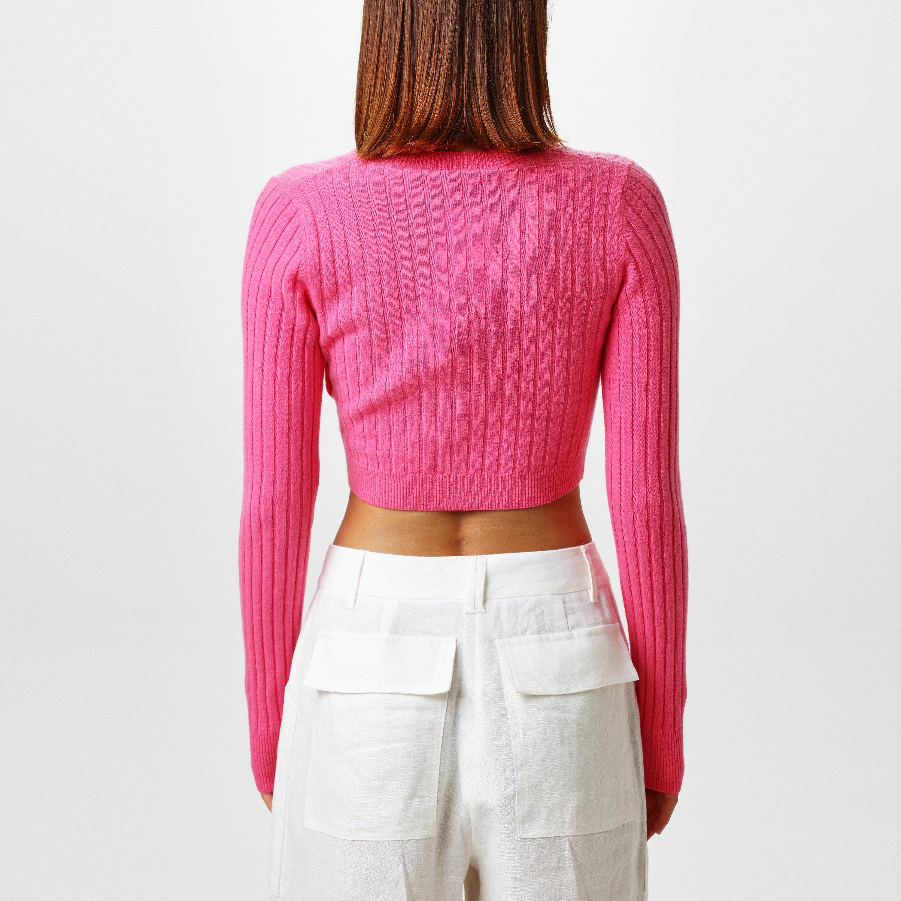 Pink - Off White - Women's Upside Down Subtly Cropped Cardigan - 3