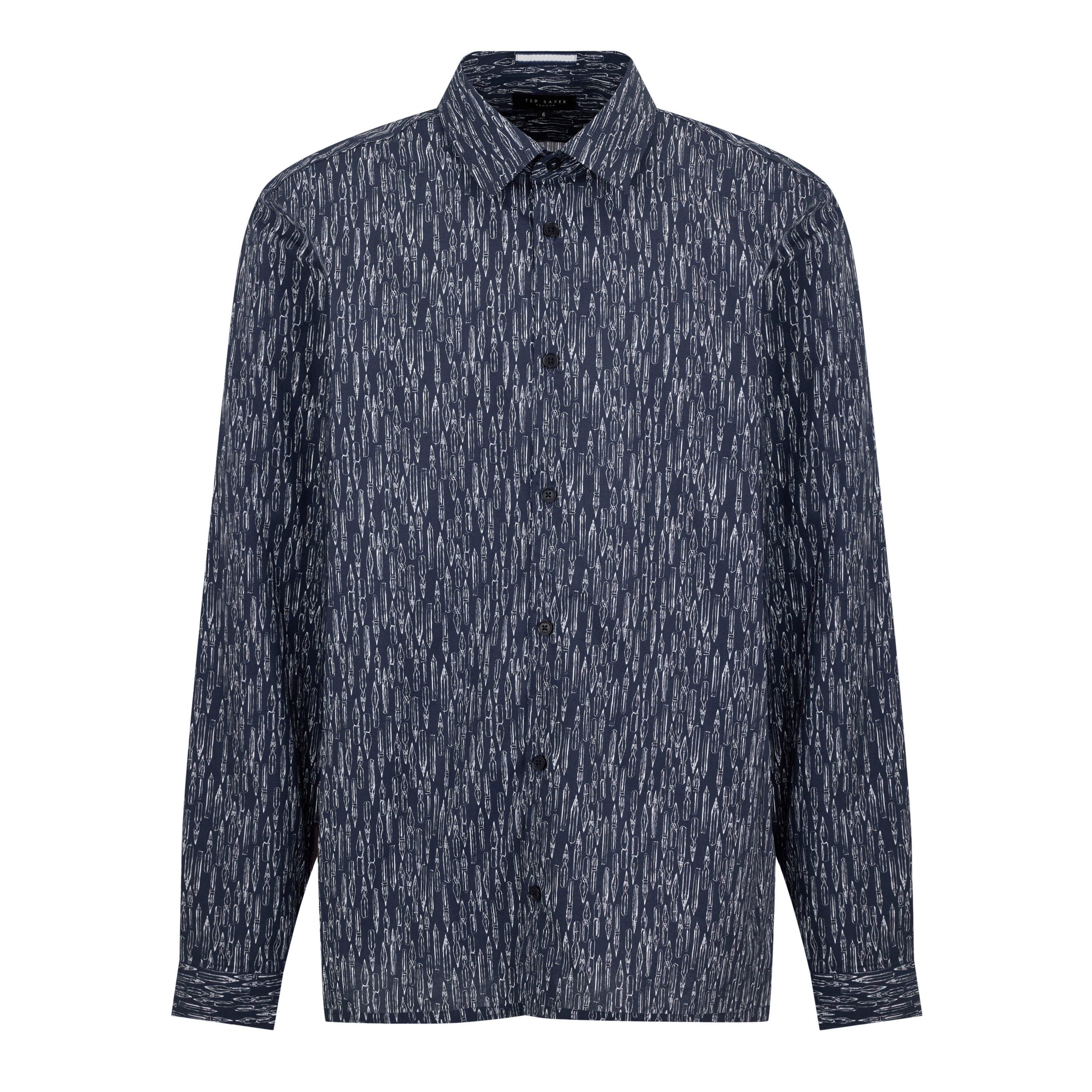 Navy - Ted Baker - Men's Rietij Long-Sleeve Patterned Shirt - 1