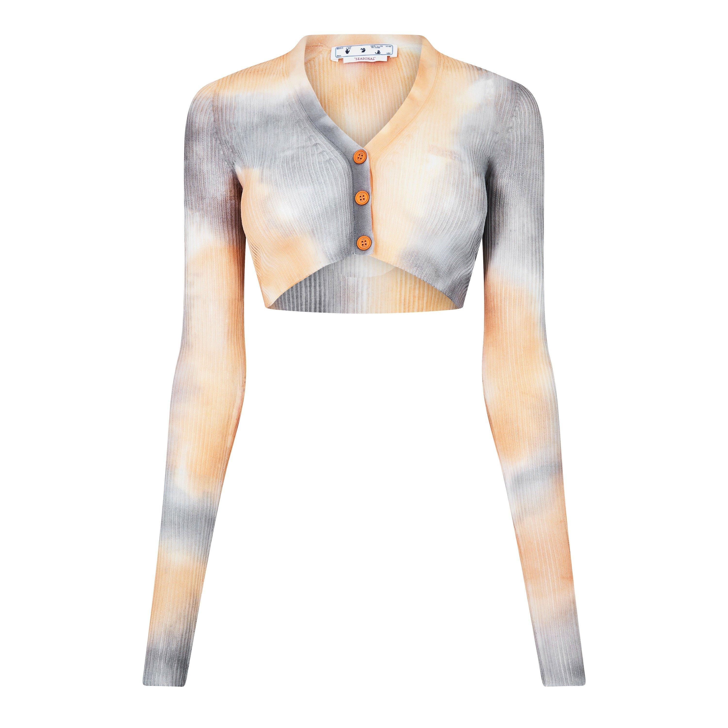 Camel/White - Off White - Women's Tie Dye Cropped Long Sleeve V-Neck Cardigan - 1