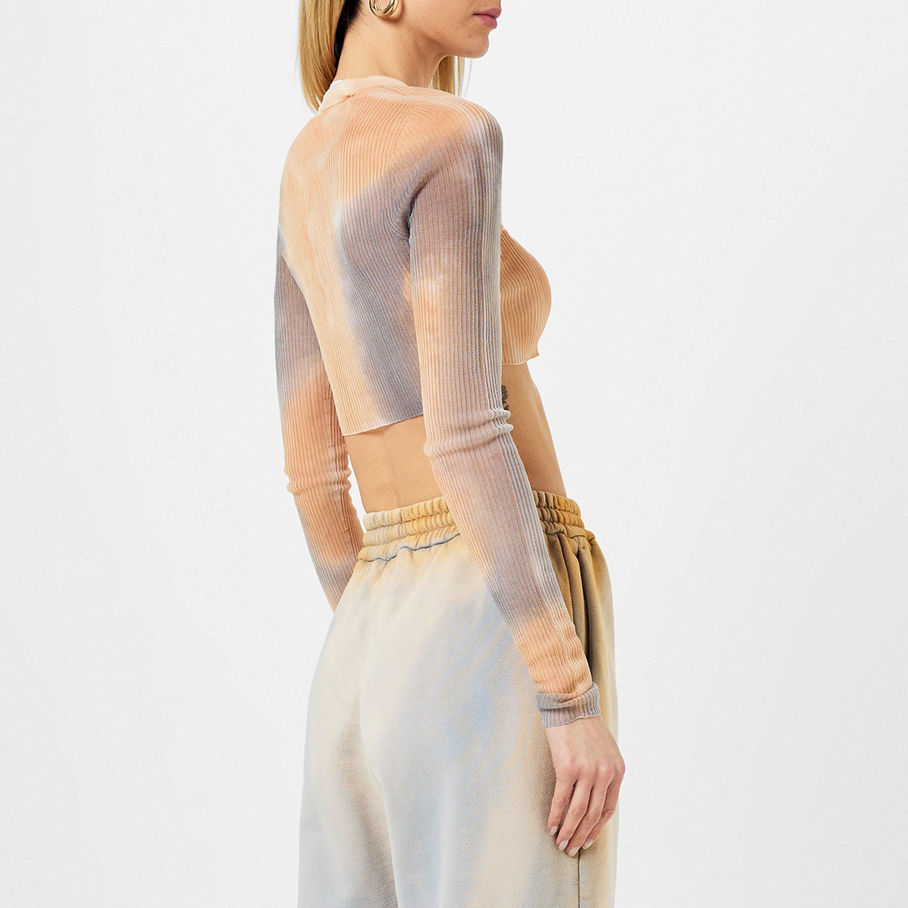 Camel/White - Off White - Women's Tie Dye Cropped Long Sleeve V-Neck Cardigan - 4