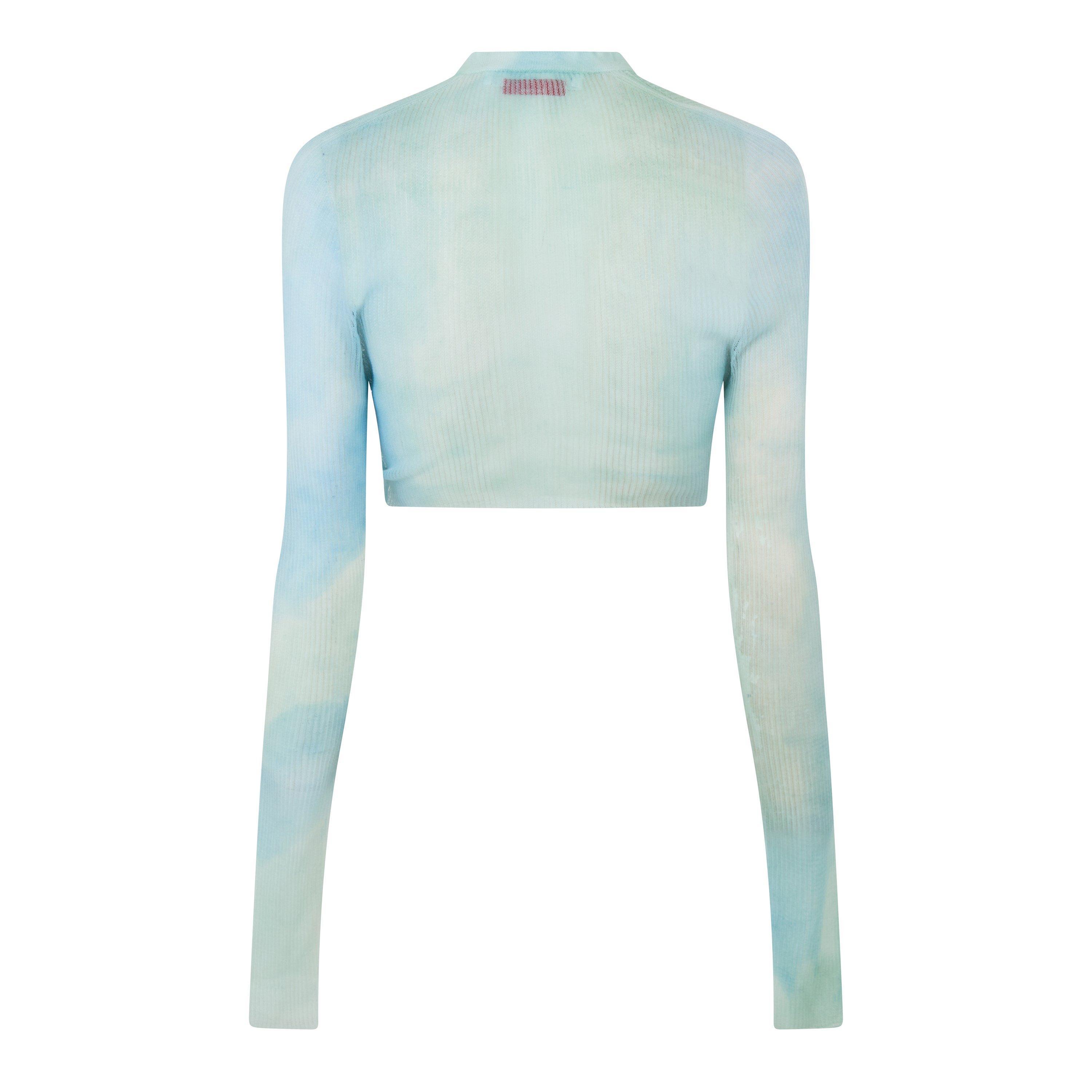Light Blue - Off White - Women's Tie Dye Cropped Long Sleeve V-Neck Cardigan - 2