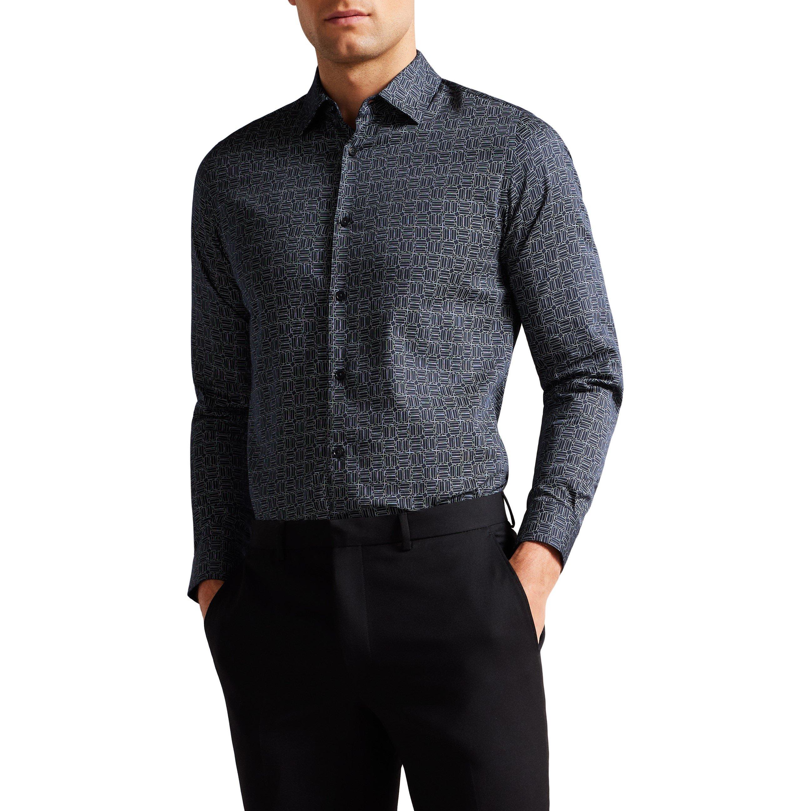 Navy - Ted Baker - Men's Andover Geo Long-Sleeve Patterned Shirt - 2