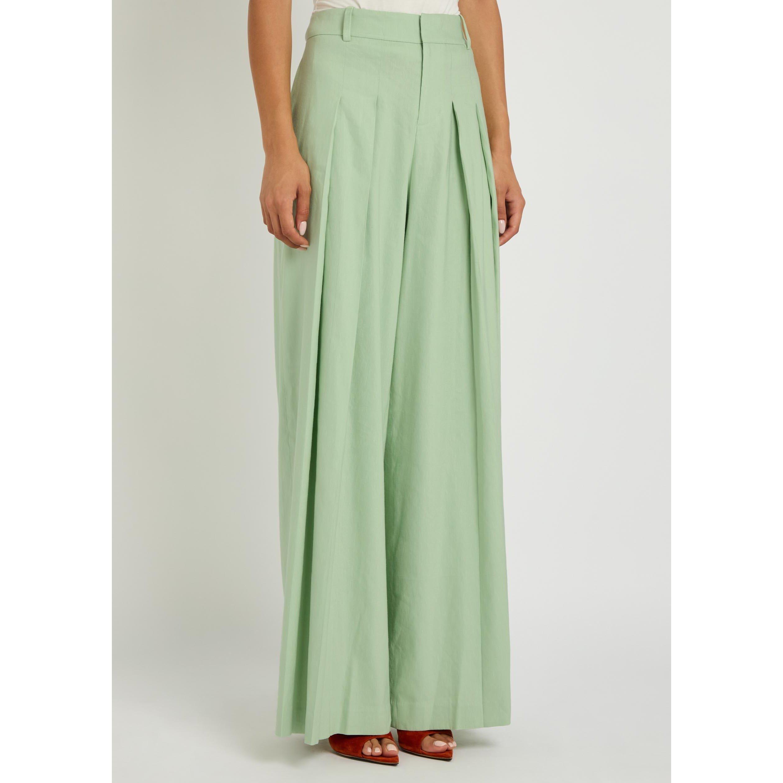 LIGHT GREEN - Alice And Olivia - Women's Blaire High-Rise Wide-Leg Linen Pleated Trousers - 3