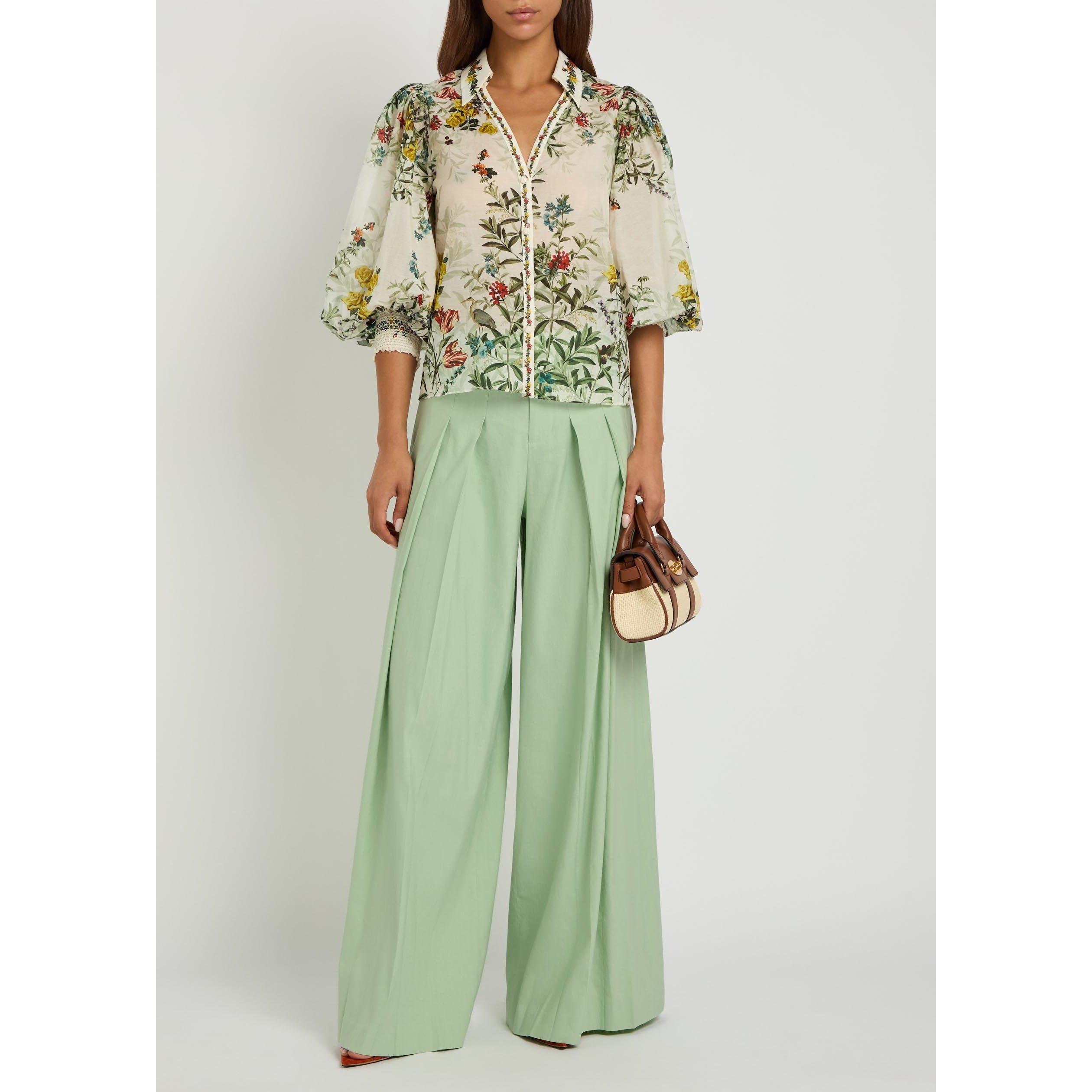 LIGHT GREEN - Alice And Olivia - Women's Blaire High-Rise Wide-Leg Linen Pleated Trousers - 5