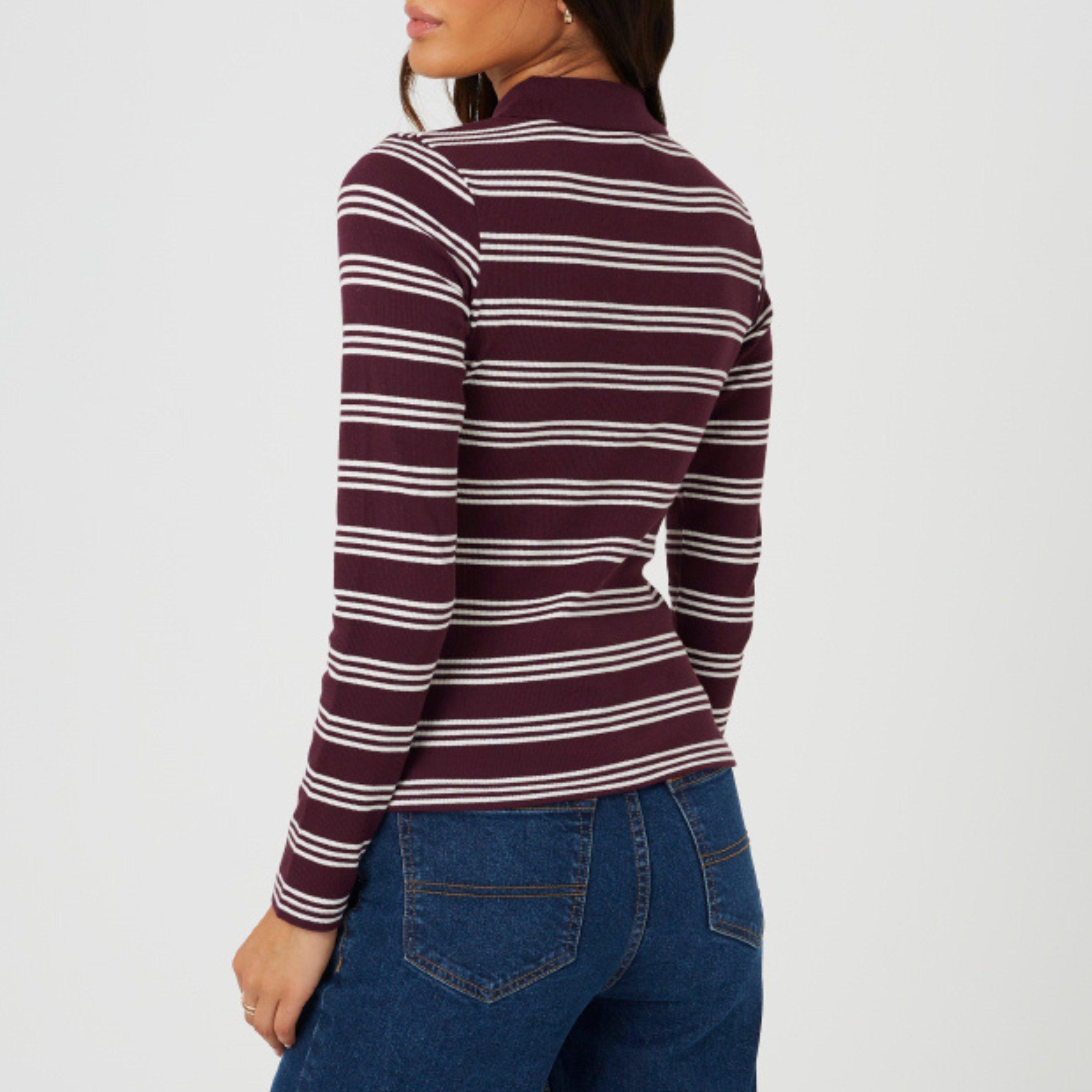 Burgundy/Cream - Brave Soul - Brave Soul Ladies Long Sleeve Collared Rib Top - 2