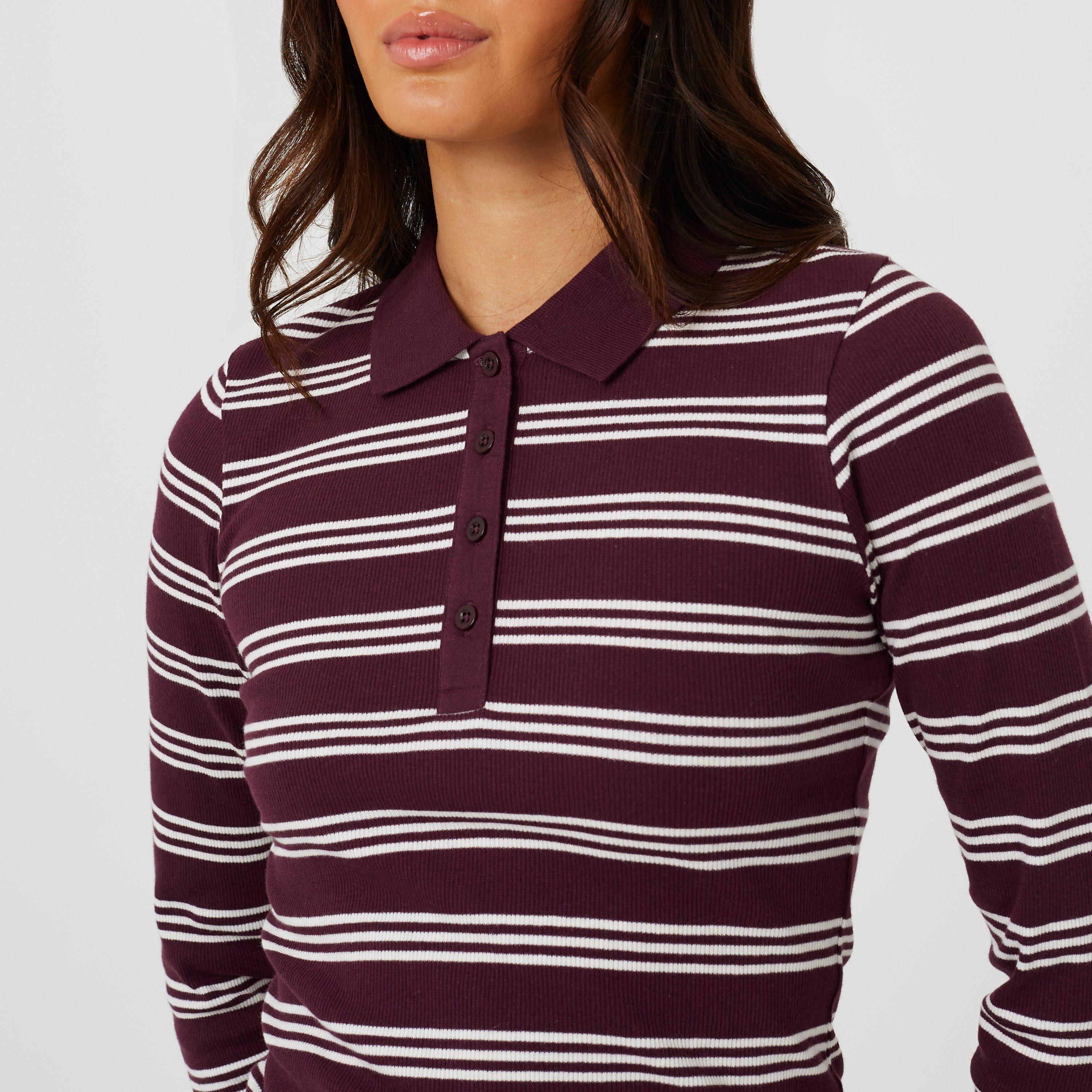 Burgundy/Cream - Brave Soul - Brave Soul Ladies Long Sleeve Collared Rib Top - 3
