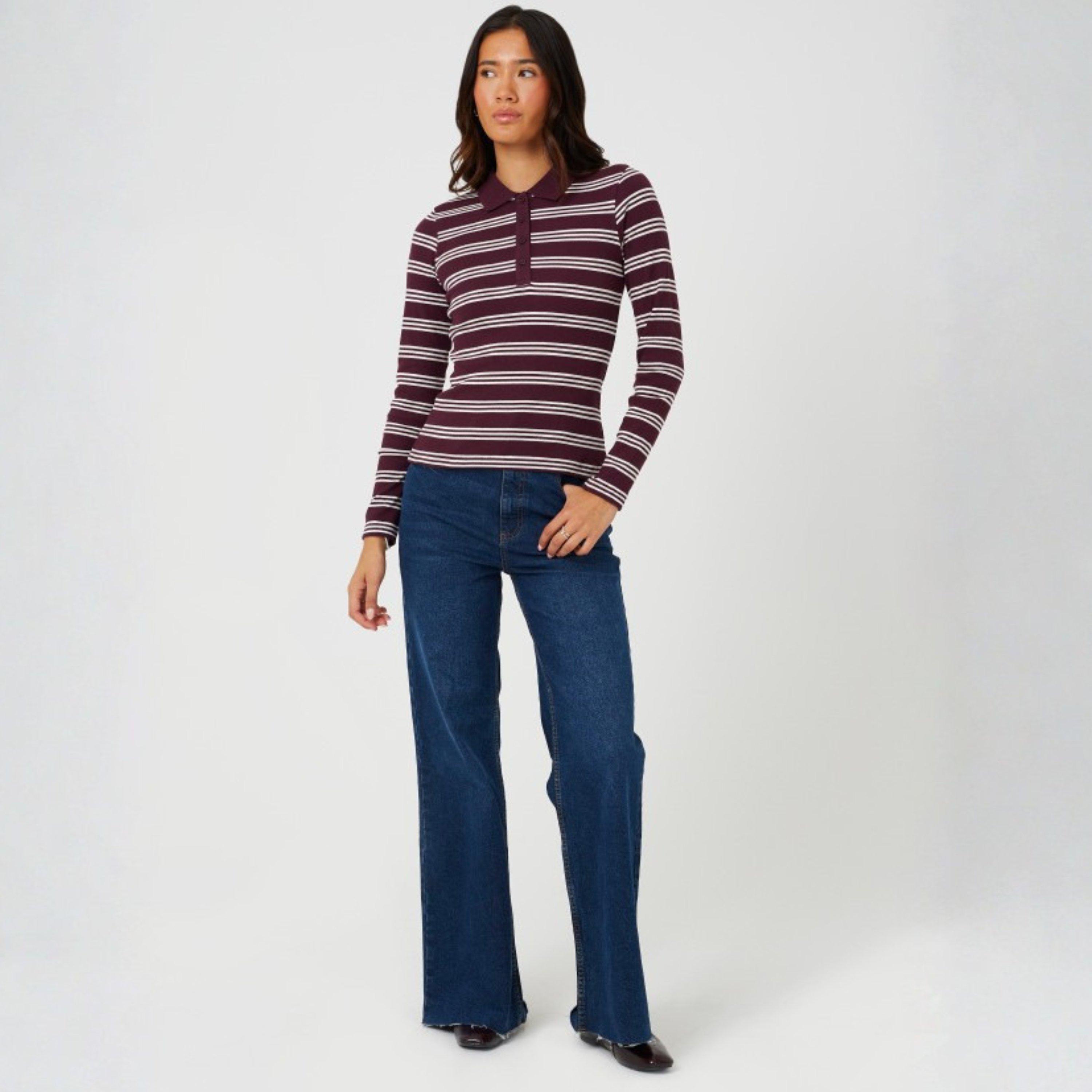 Burgundy/Cream - Brave Soul - Brave Soul Ladies Long Sleeve Collared Rib Top - 4