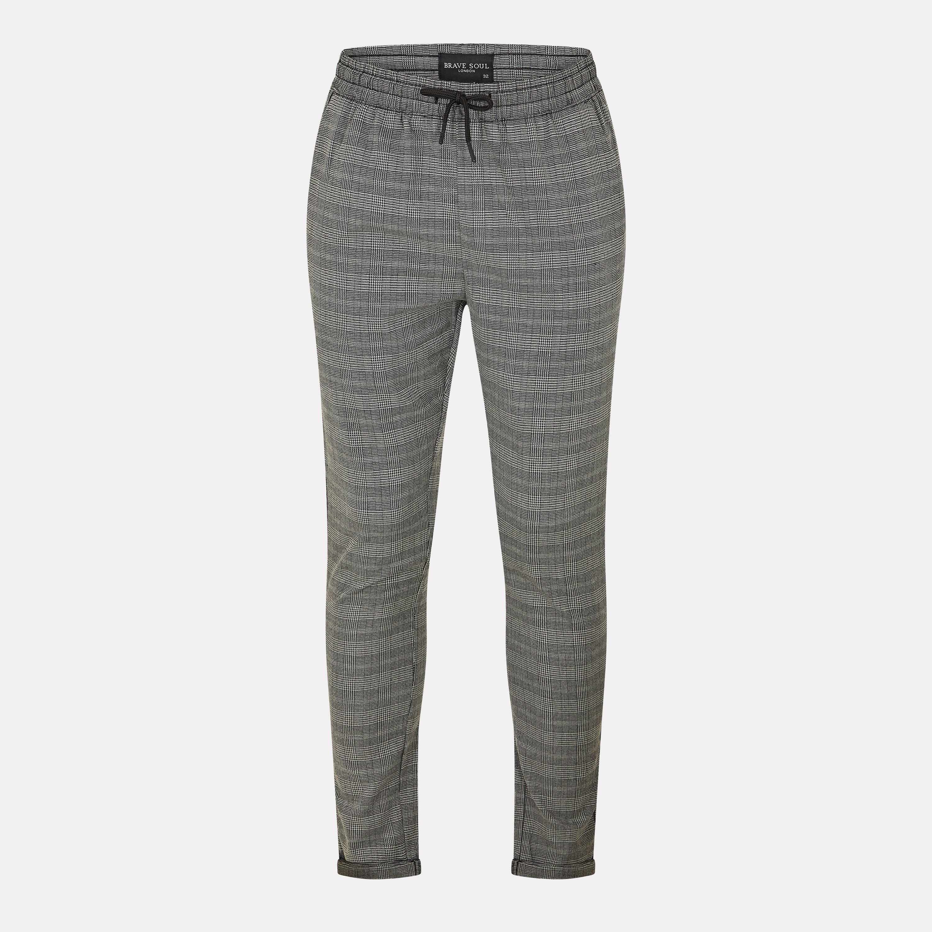 Grey Check - Brave Soul - Mens Grey Checked Trouser with Drawstring Waist - 1