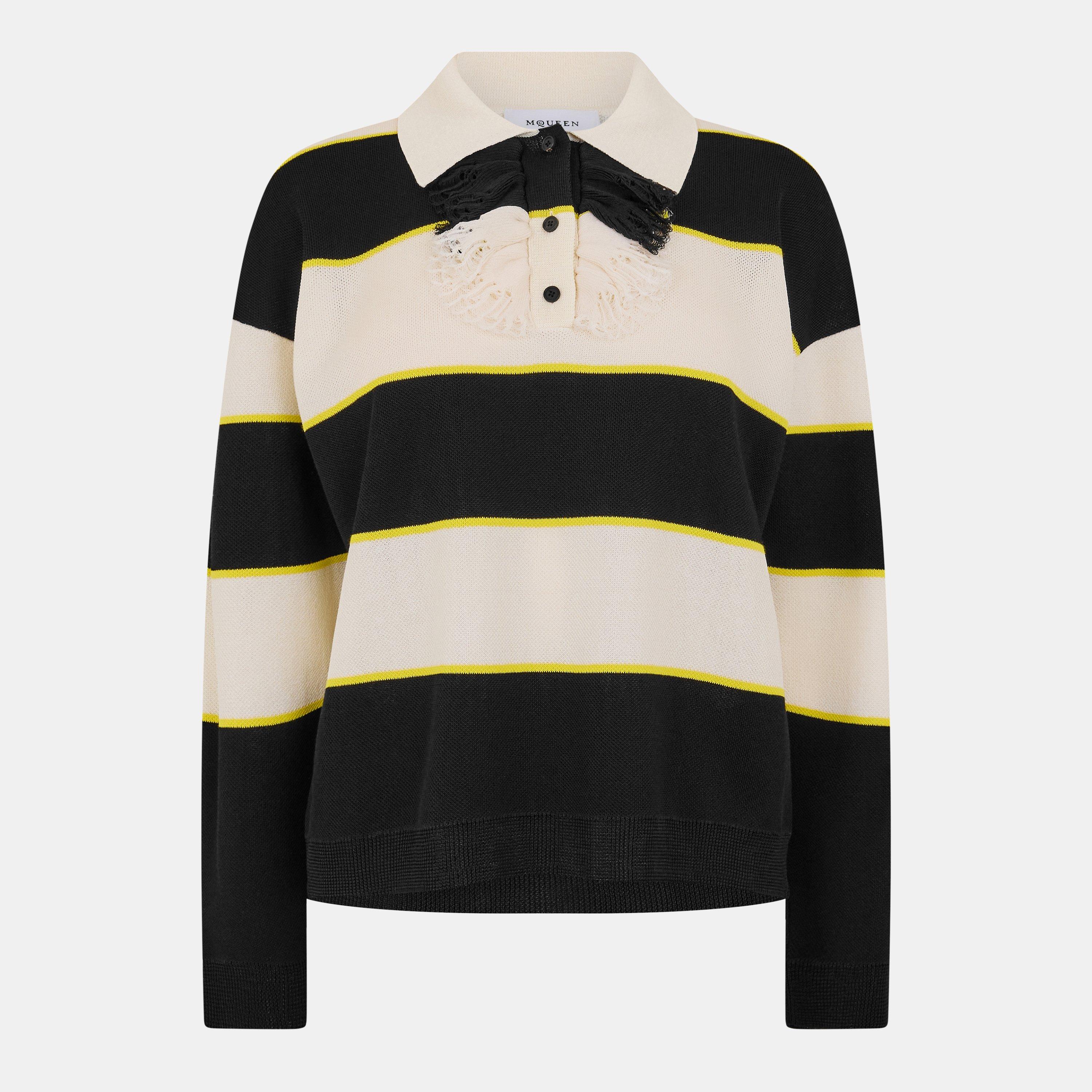 Blk/Ivory/Citrn - Alexander McQueen - Women's Alex Stripe Long Sleeve Polo Shirt - 1