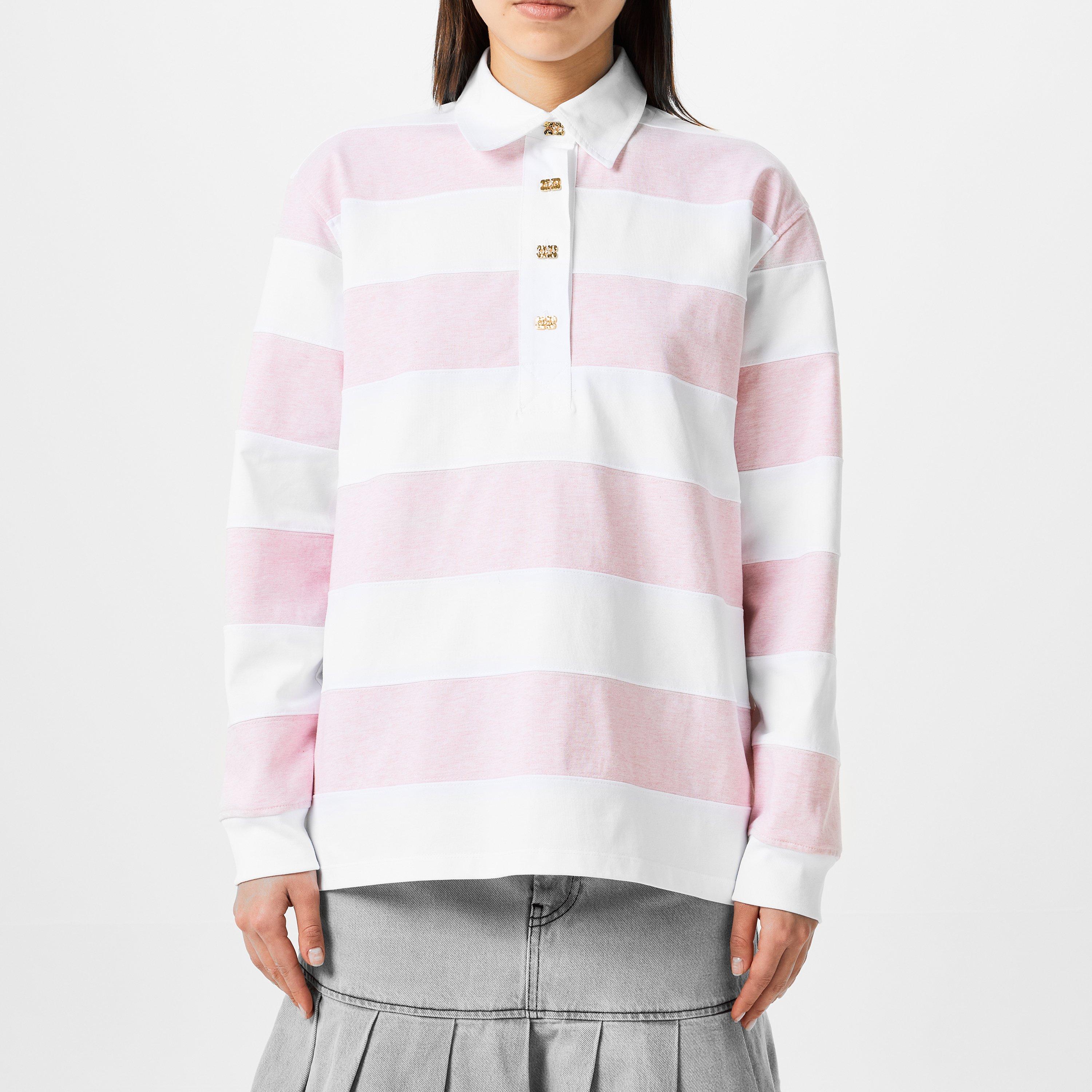 Ganni Striped Polo Shirt - Mauve Chalk - Size 10 (36)