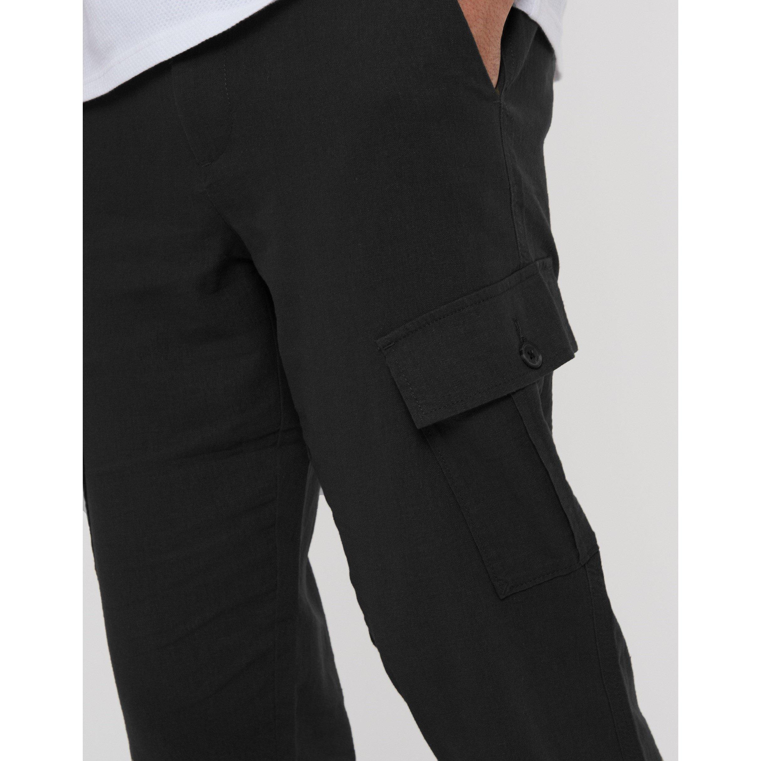 Black - Threadbare - Men's Linen Cargo Trousers - 4