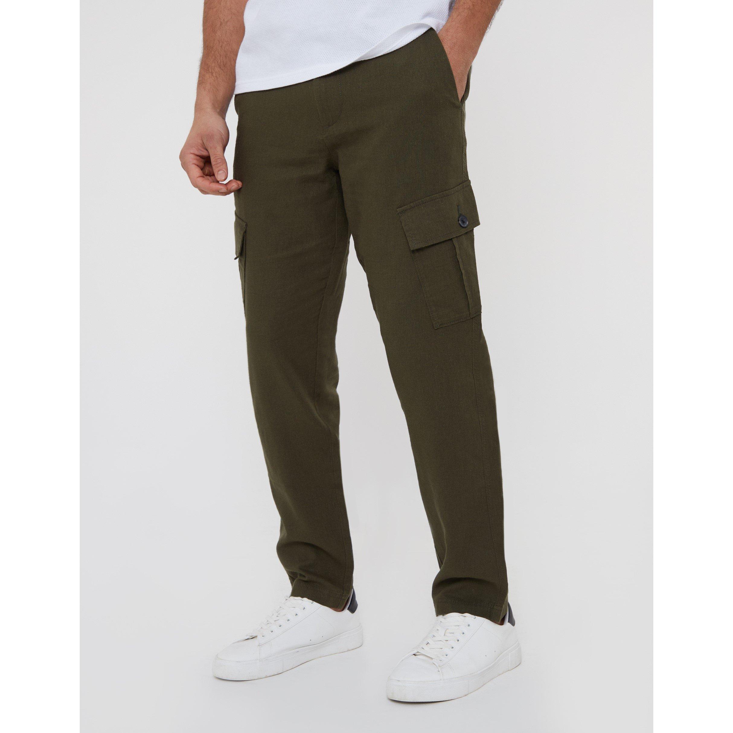 Threadbare Men's Linen Cargo Trousers - Khaki - 34W R