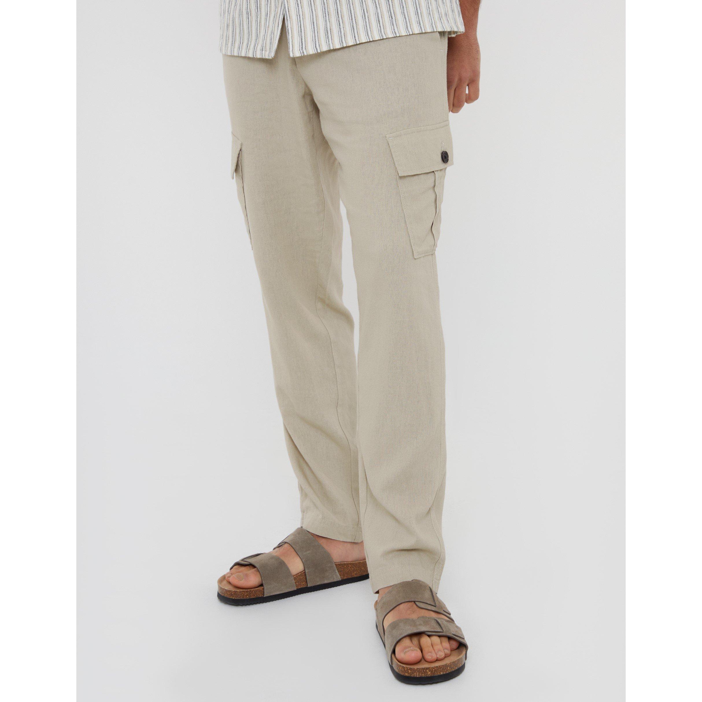 Threadbare Men's Linen Cargo Trousers - Stone - 38W R