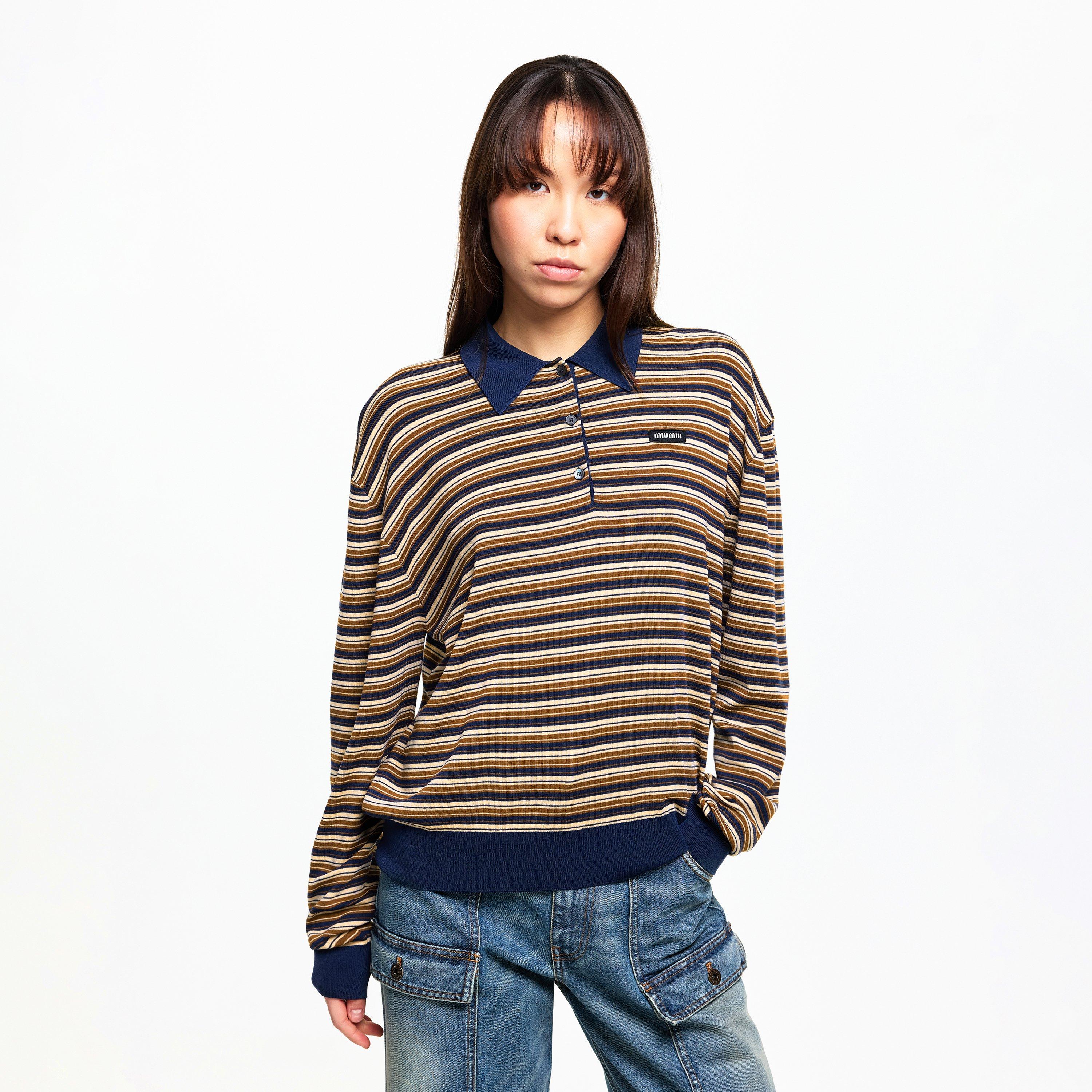 Albino - Miu Miu - Women's Stripe Knitted Long Sleeve Polo Shirt - 3