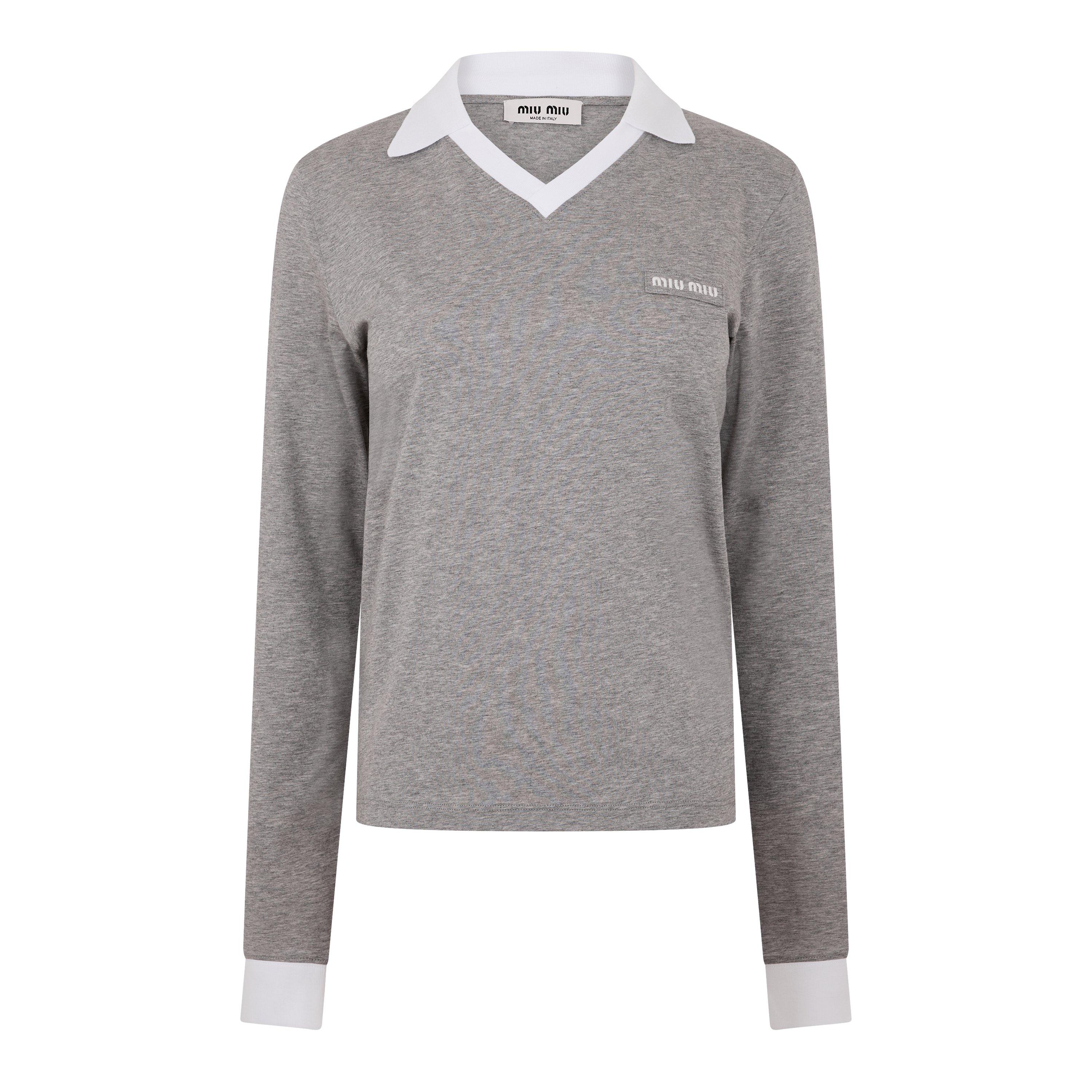 Grigio - Miu Miu - Women's Jersey Top Knitted Long Sleeve Polo Shirt - 1